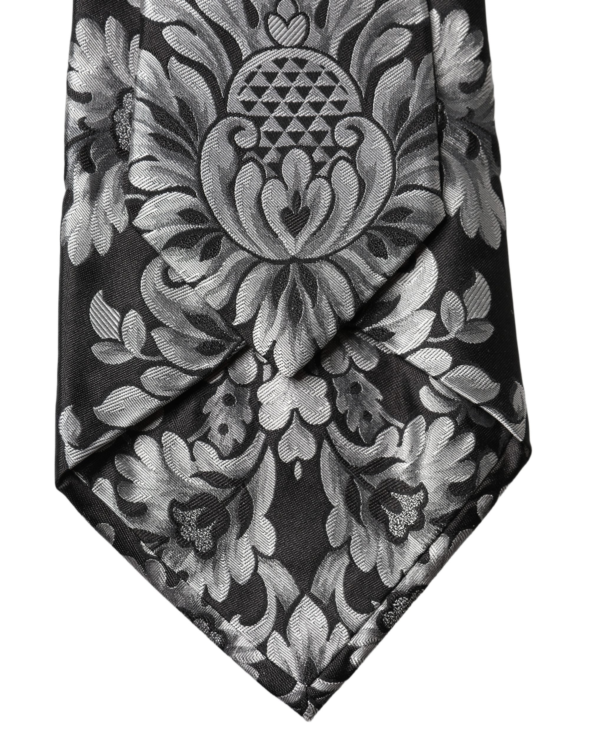 Dolce & Gabbana Black Silver Floral Silk Adjustable Women Necktie Tie Dolce & Gabbana