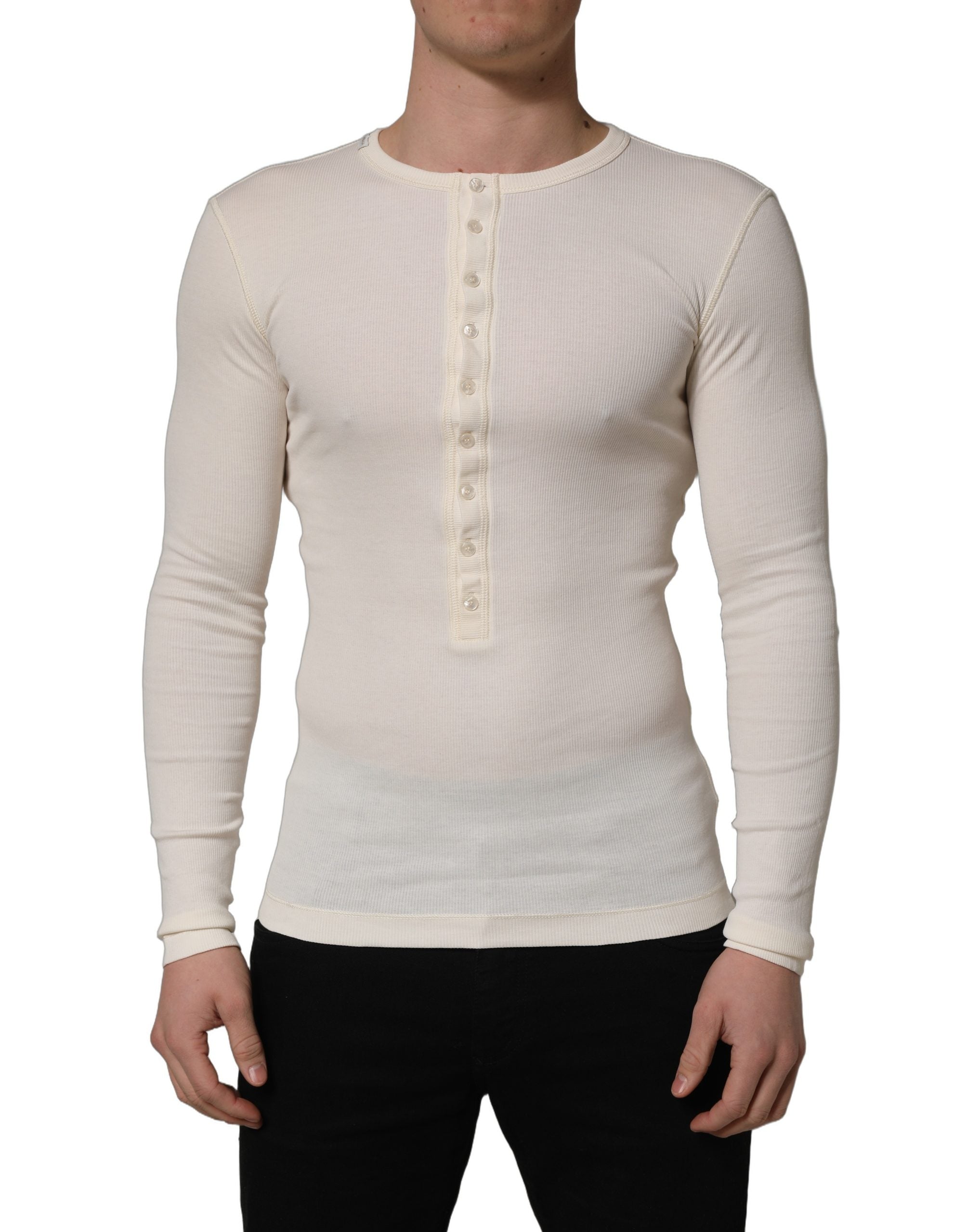 Dolce & Gabbana White Long Sleeves Henley Pullover Sweater Dolce & Gabbana