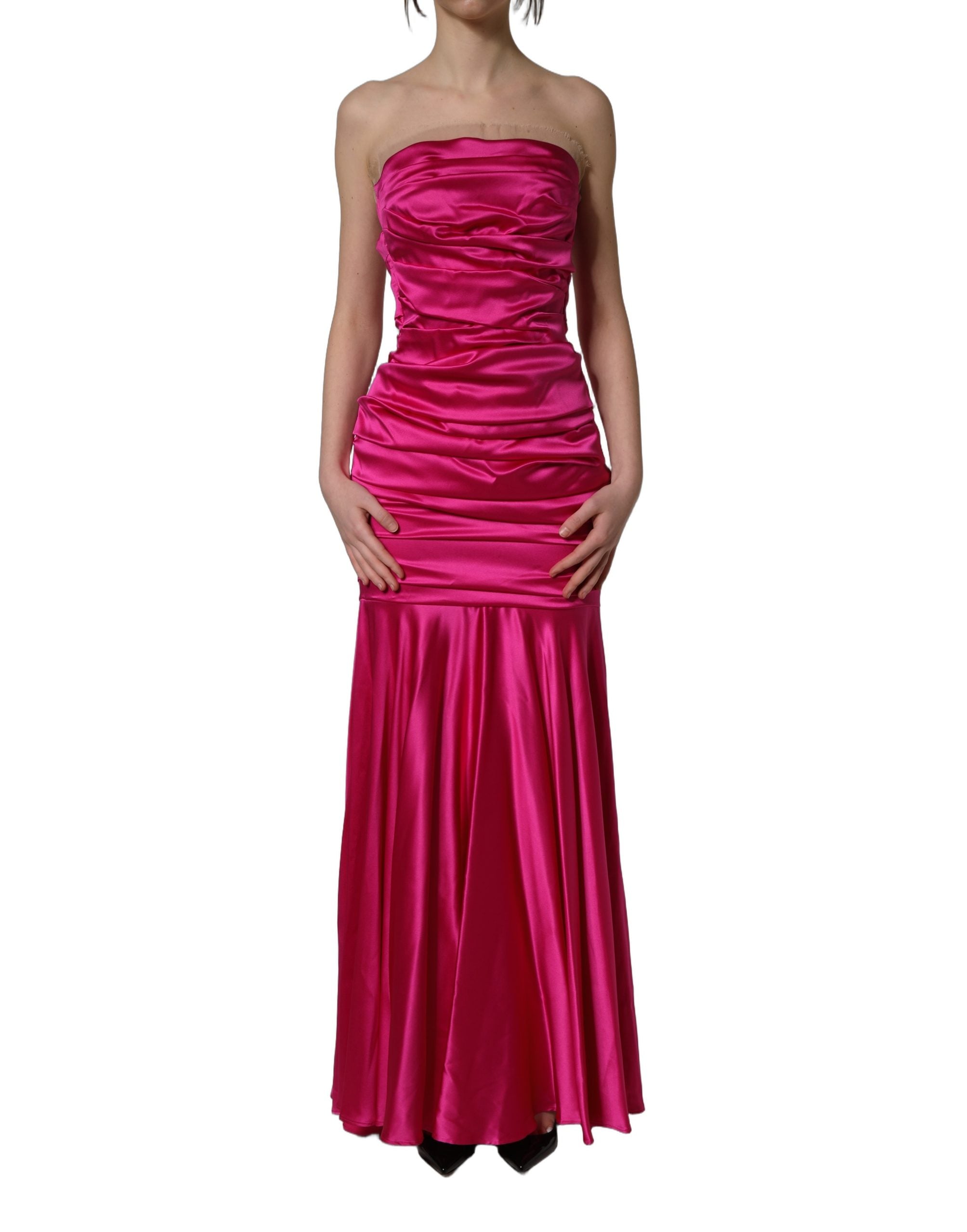 Dolce & Gabbana Hot Pink Ruched Satin Strapless Gown Dress Dolce & Gabbana