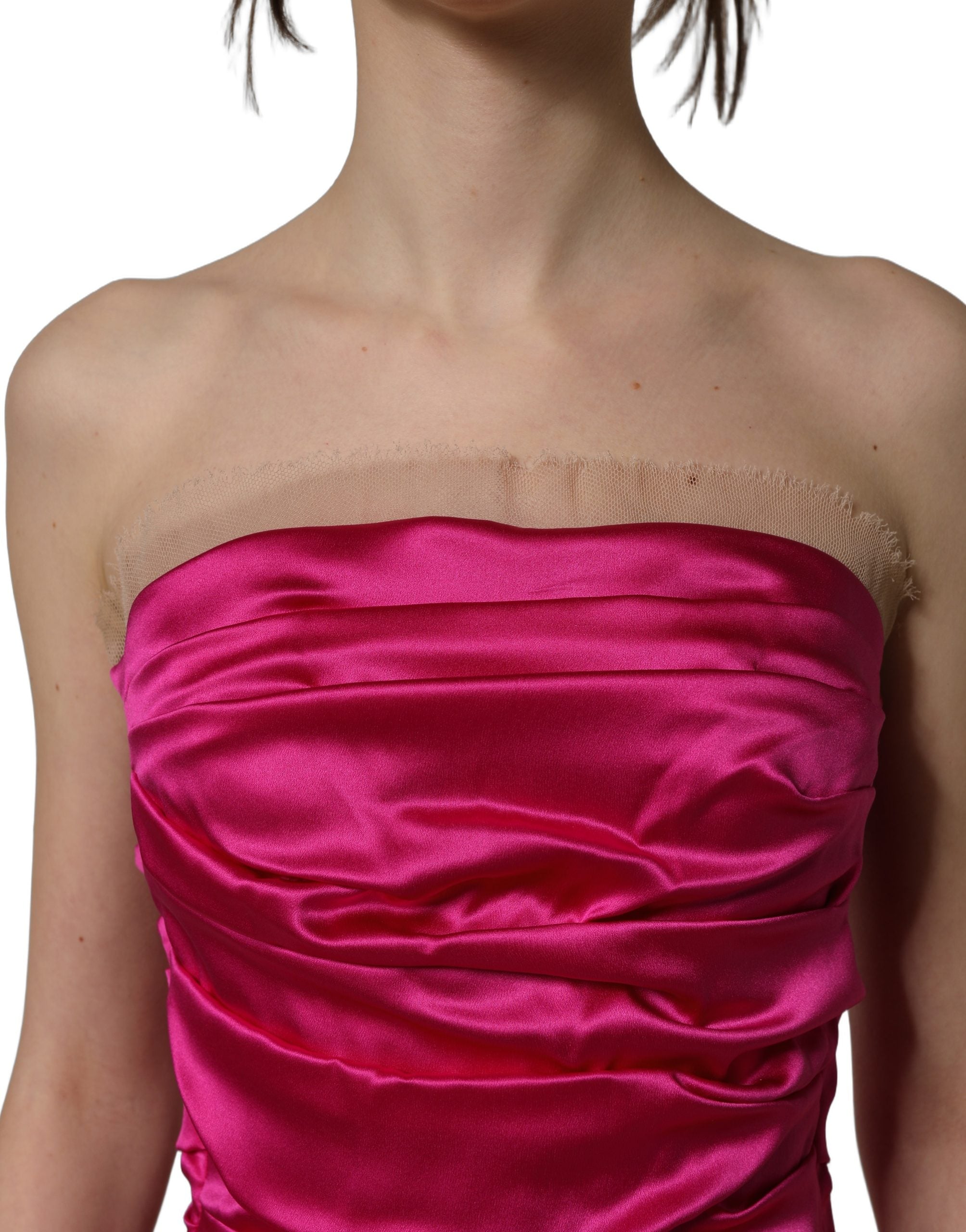 Dolce & Gabbana Hot Pink Ruched Satin Strapless Gown Dress Dolce & Gabbana