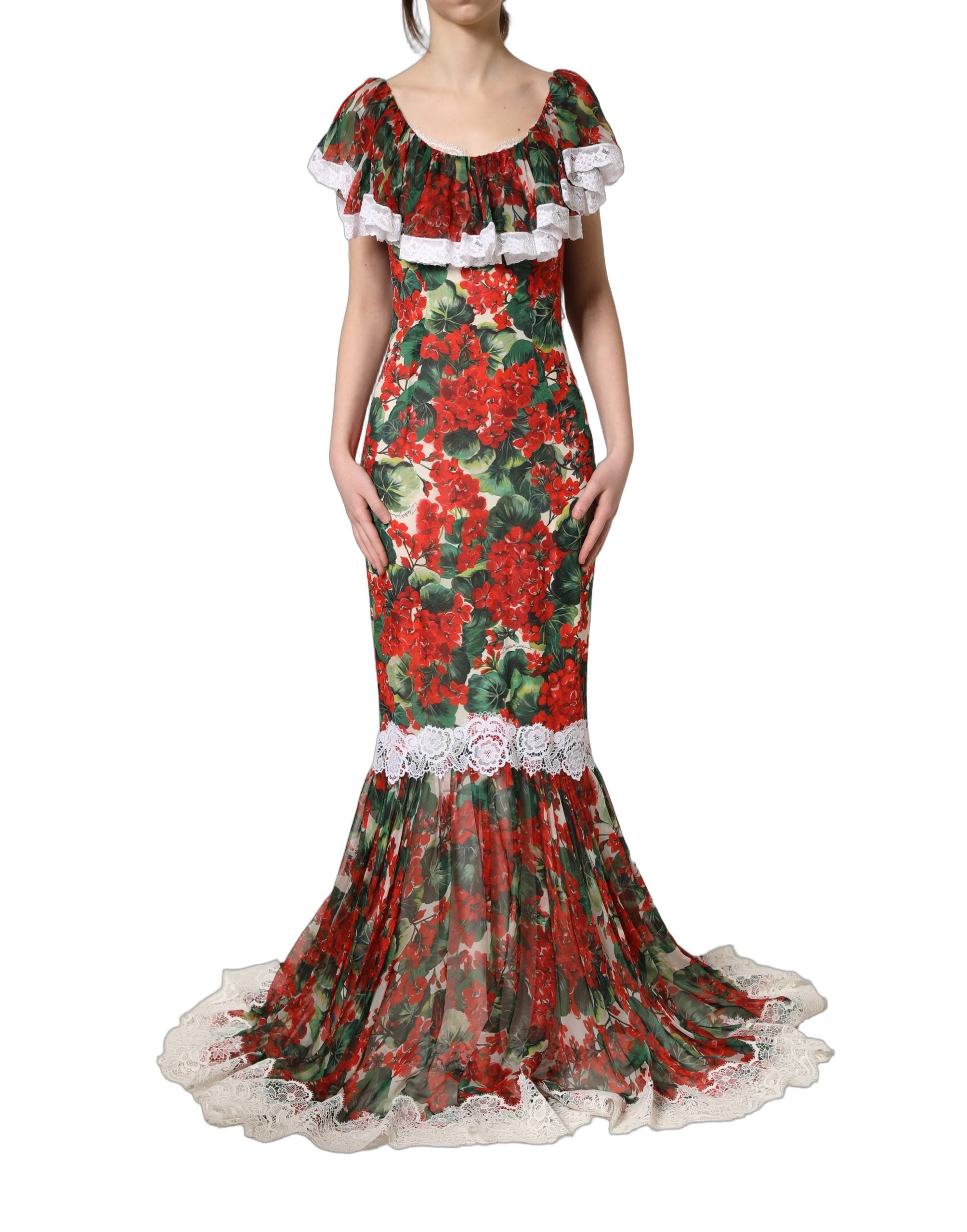 Dolce & Gabbana Multicolor Geranium Flower Lace Maxi Dress Dolce & Gabbana
