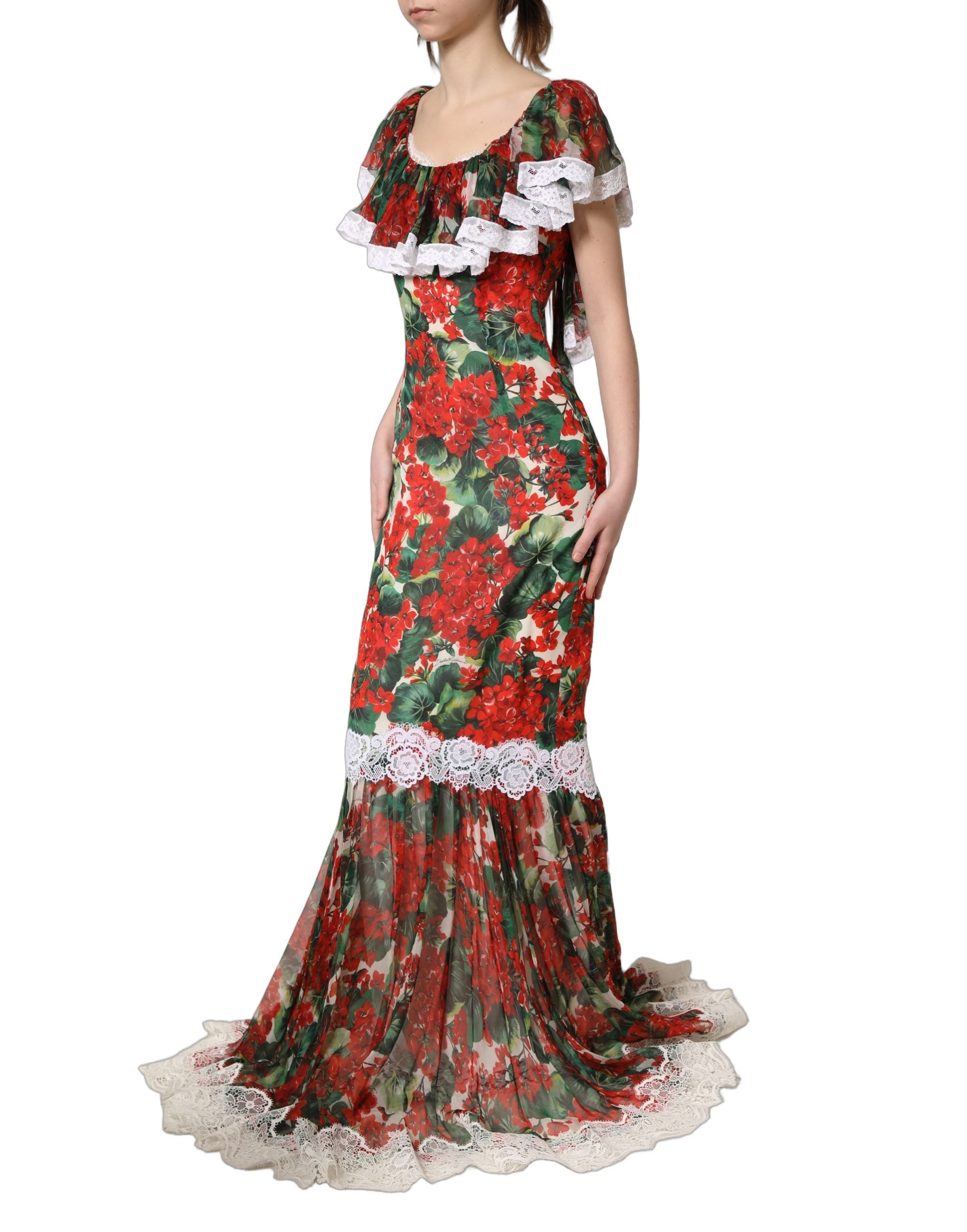 Dolce & Gabbana Multicolor Geranium Flower Lace Maxi Dress Dolce & Gabbana