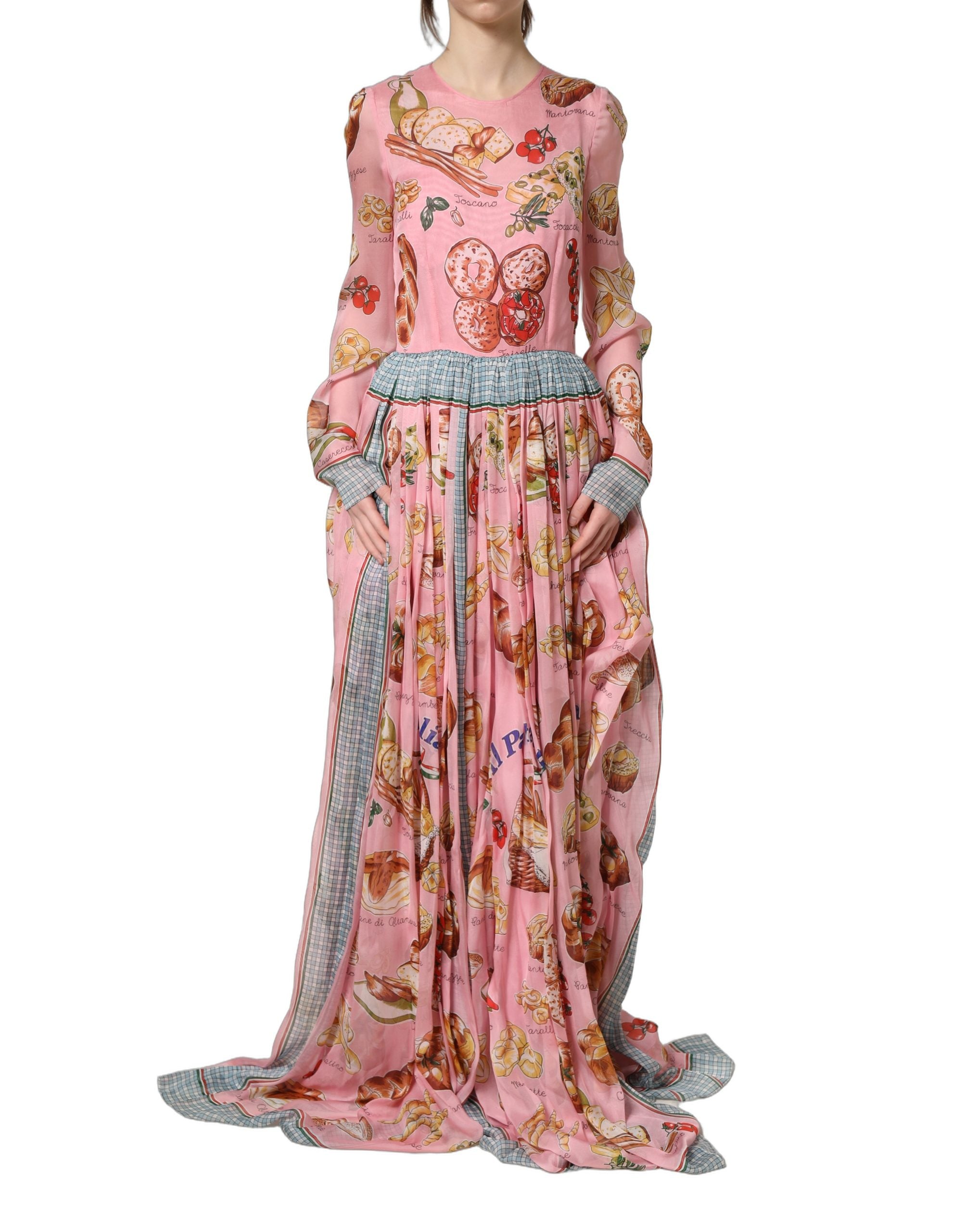 Dolce & Gabbana Light Pink Bread Print Pleated Maxi Dress Dolce & Gabbana