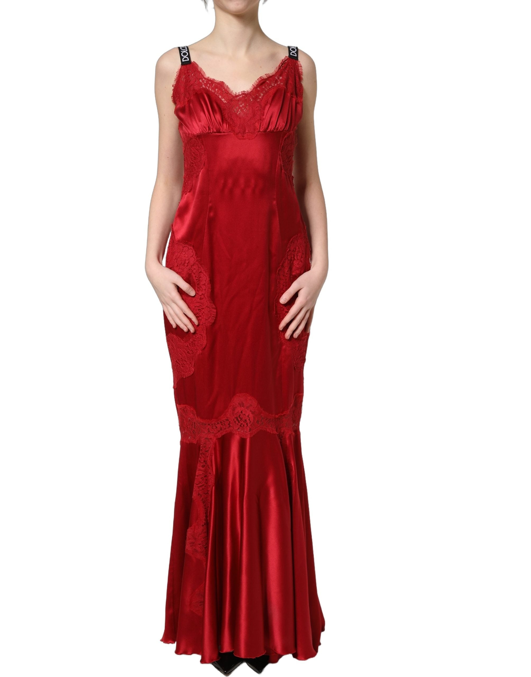 Dolce & Gabbana Red Silk Sleeveless Maxi Long Lace Trim Dress Dolce & Gabbana