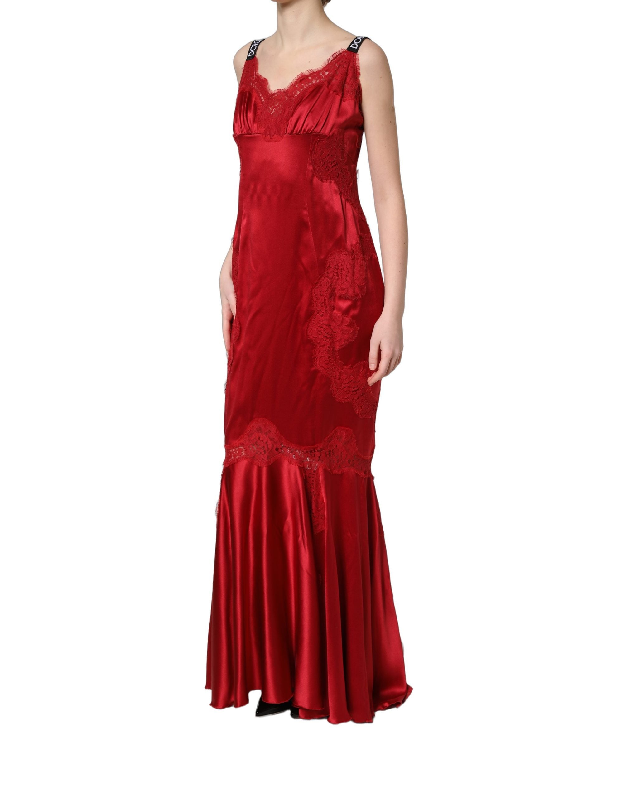 Dolce & Gabbana Red Silk Sleeveless Maxi Long Lace Trim Dress Dolce & Gabbana