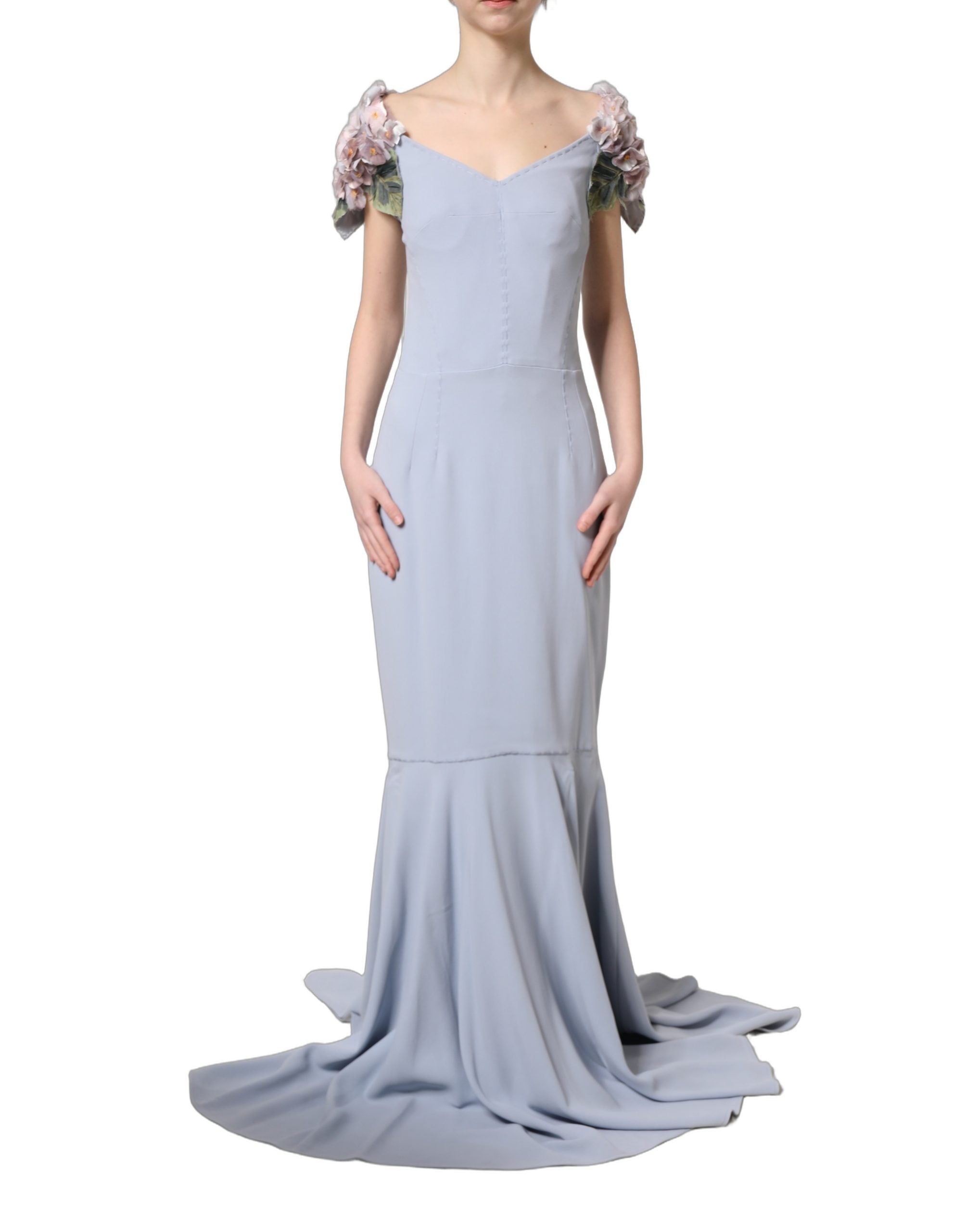 Dolce & Gabbana Light Blue Hydrangea Embellished Cap Sleeve Dress Dolce & Gabbana