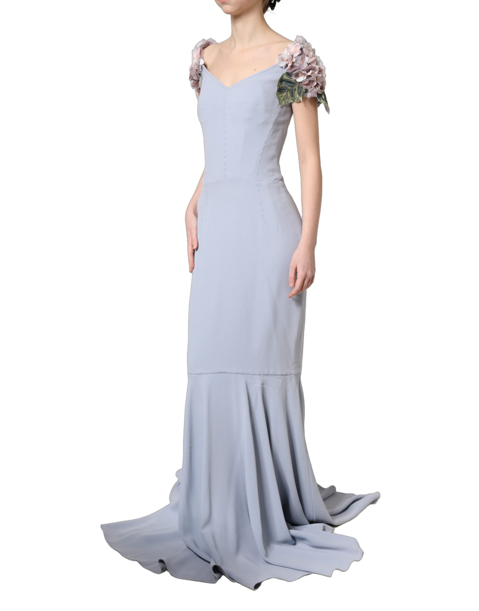 Dolce & Gabbana Light Blue Hydrangea Embellished Cap Sleeve Dress Dolce & Gabbana