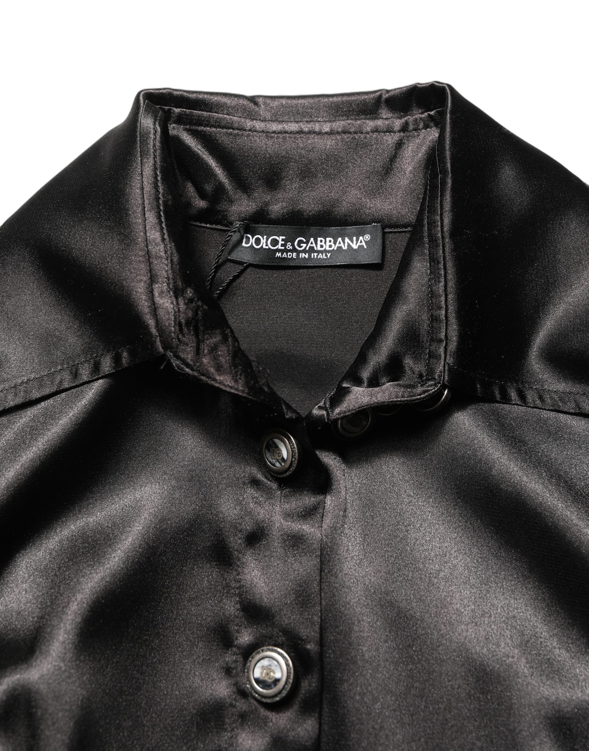 Dolce & Gabbana Black Satin Long Puff Sleeves Pleated Dress Dolce & Gabbana