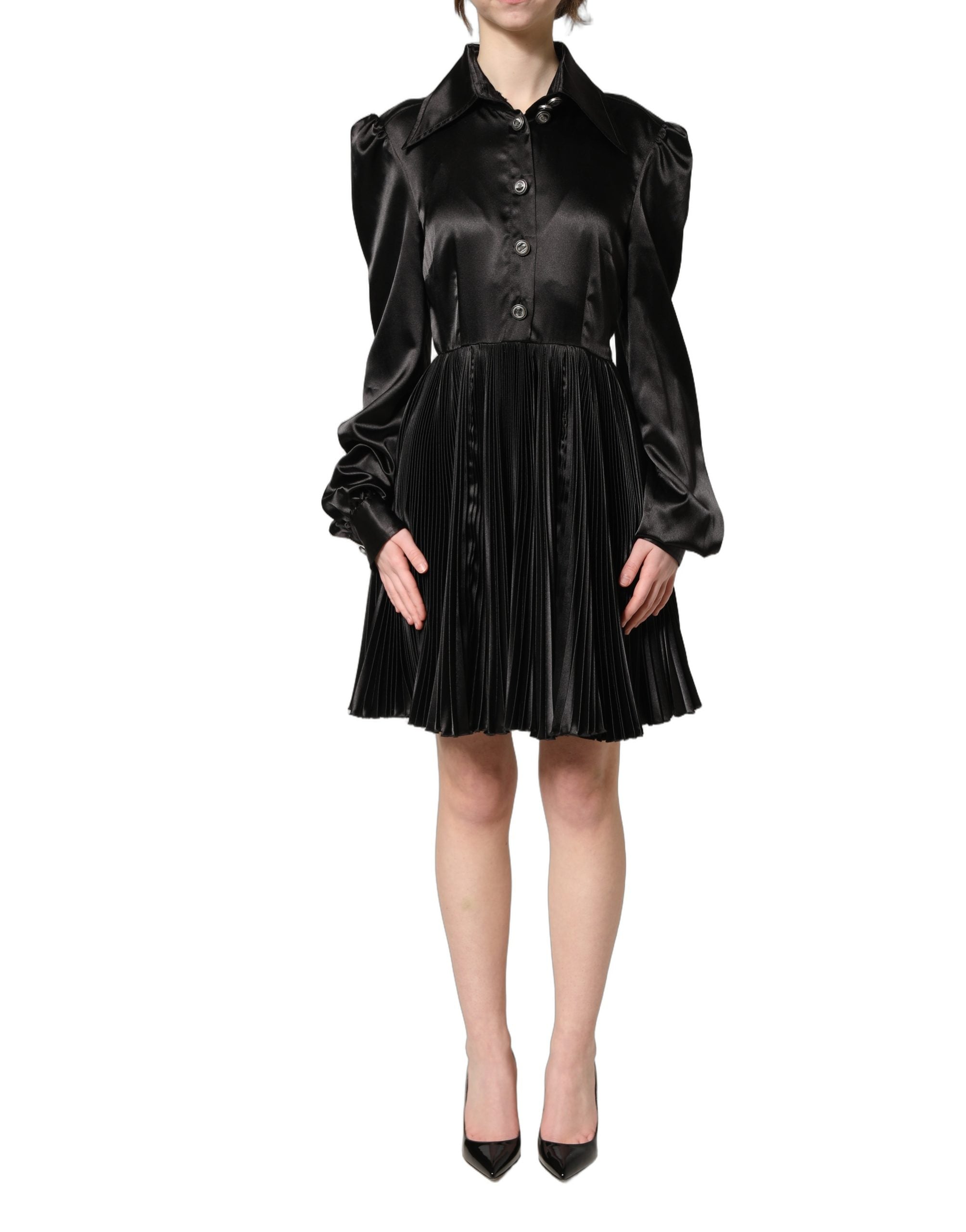 Dolce & Gabbana Black Satin Long Puff Sleeves Pleated Dress Dolce & Gabbana