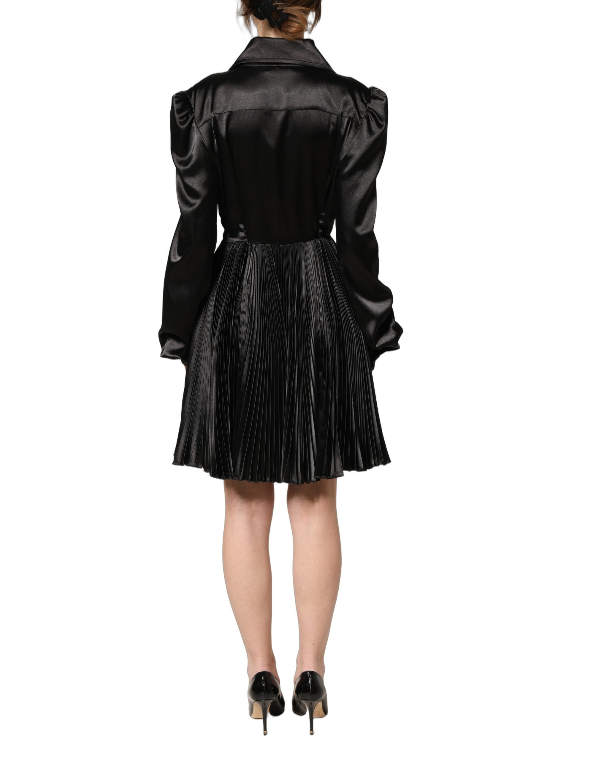Dolce & Gabbana Black Satin Long Puff Sleeves Pleated Dress Dolce & Gabbana