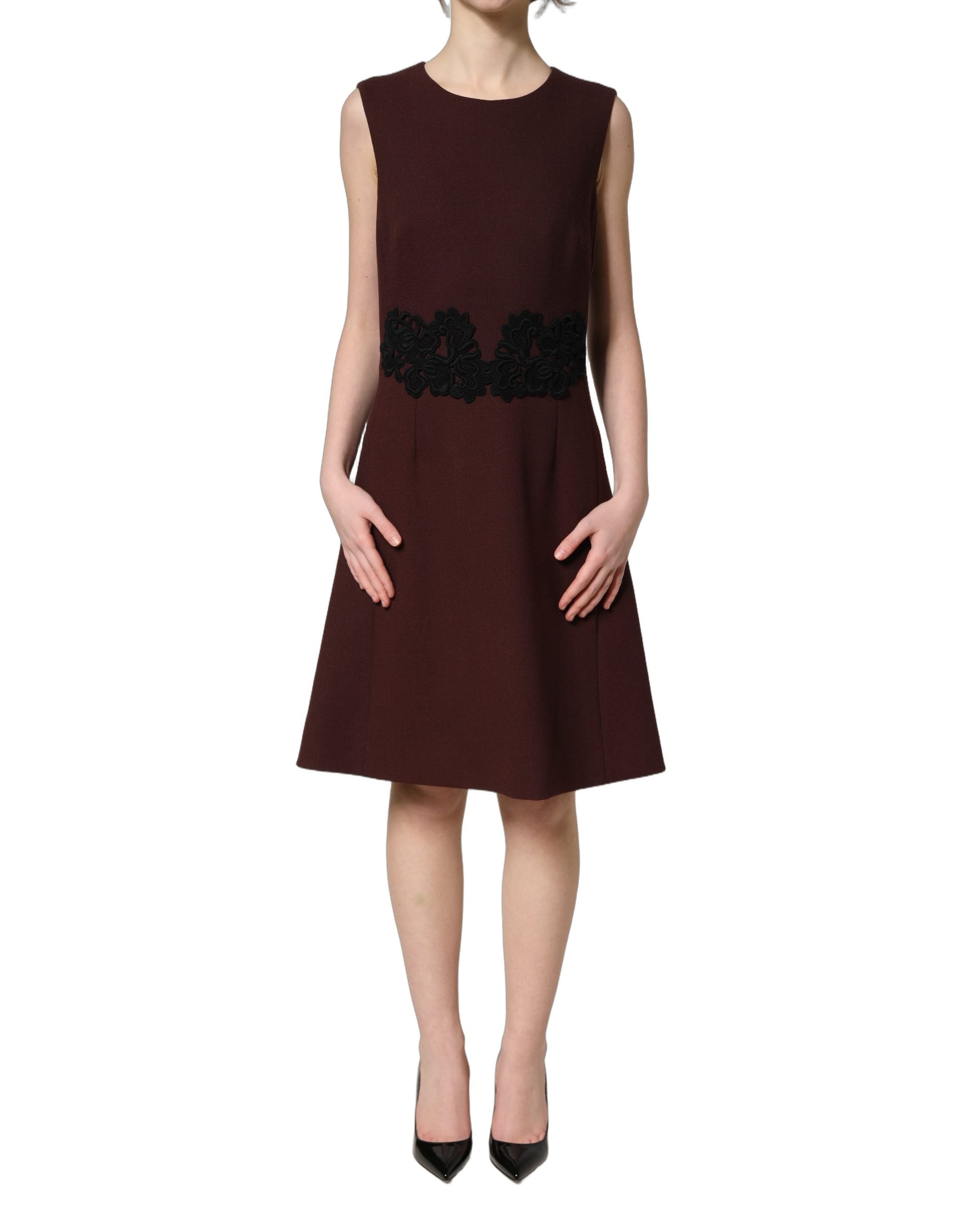 Dolce & Gabbana Maroon Lace Sleeveless Knee Length Dress Dolce & Gabbana