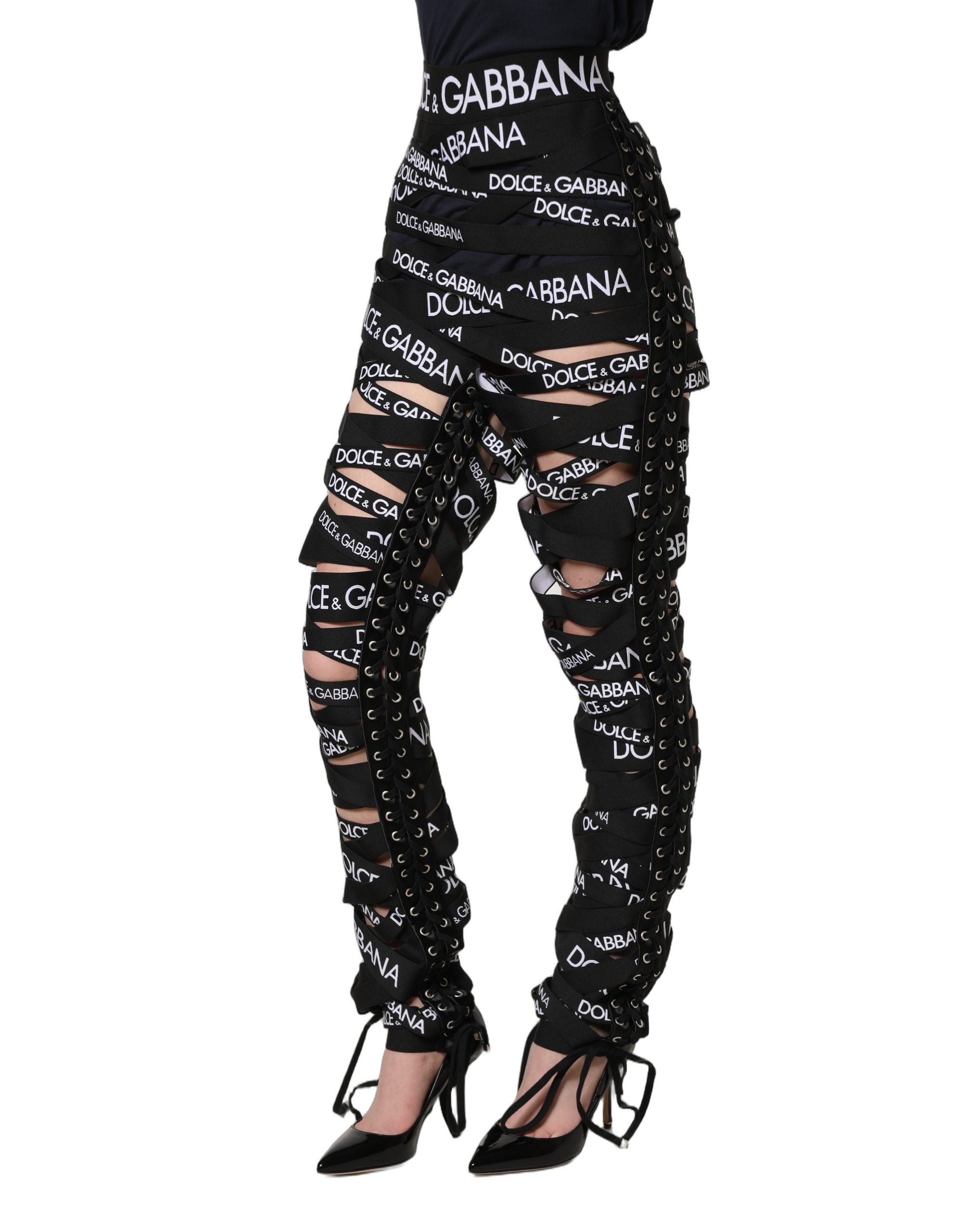 Dolce & Gabbana Black Logo Tape Cut Out Skinny High Waist Pants Dolce & Gabbana