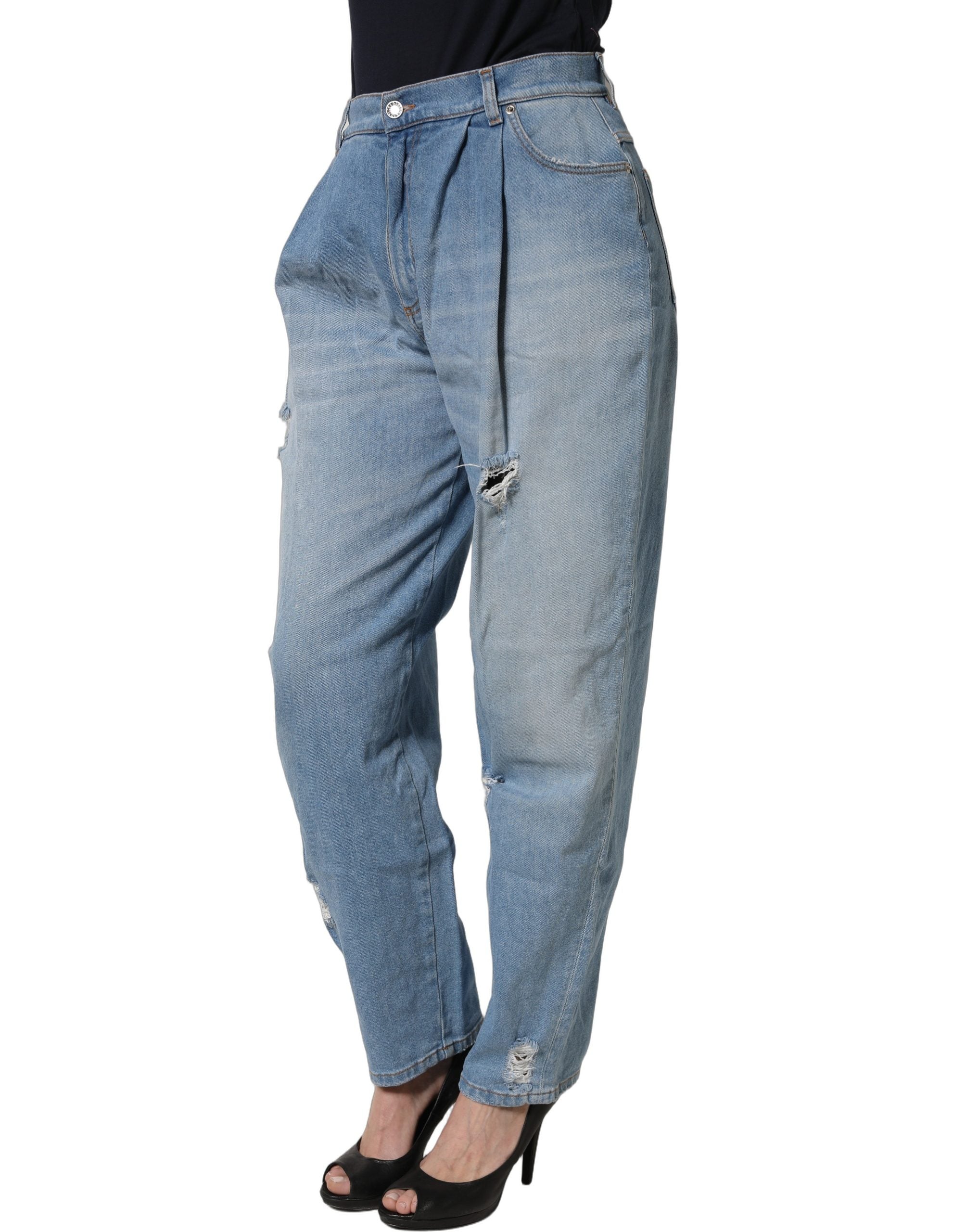 Dolce & Gabbana Blue Distressed Pleated Cotton Denim Jeans Dolce & Gabbana