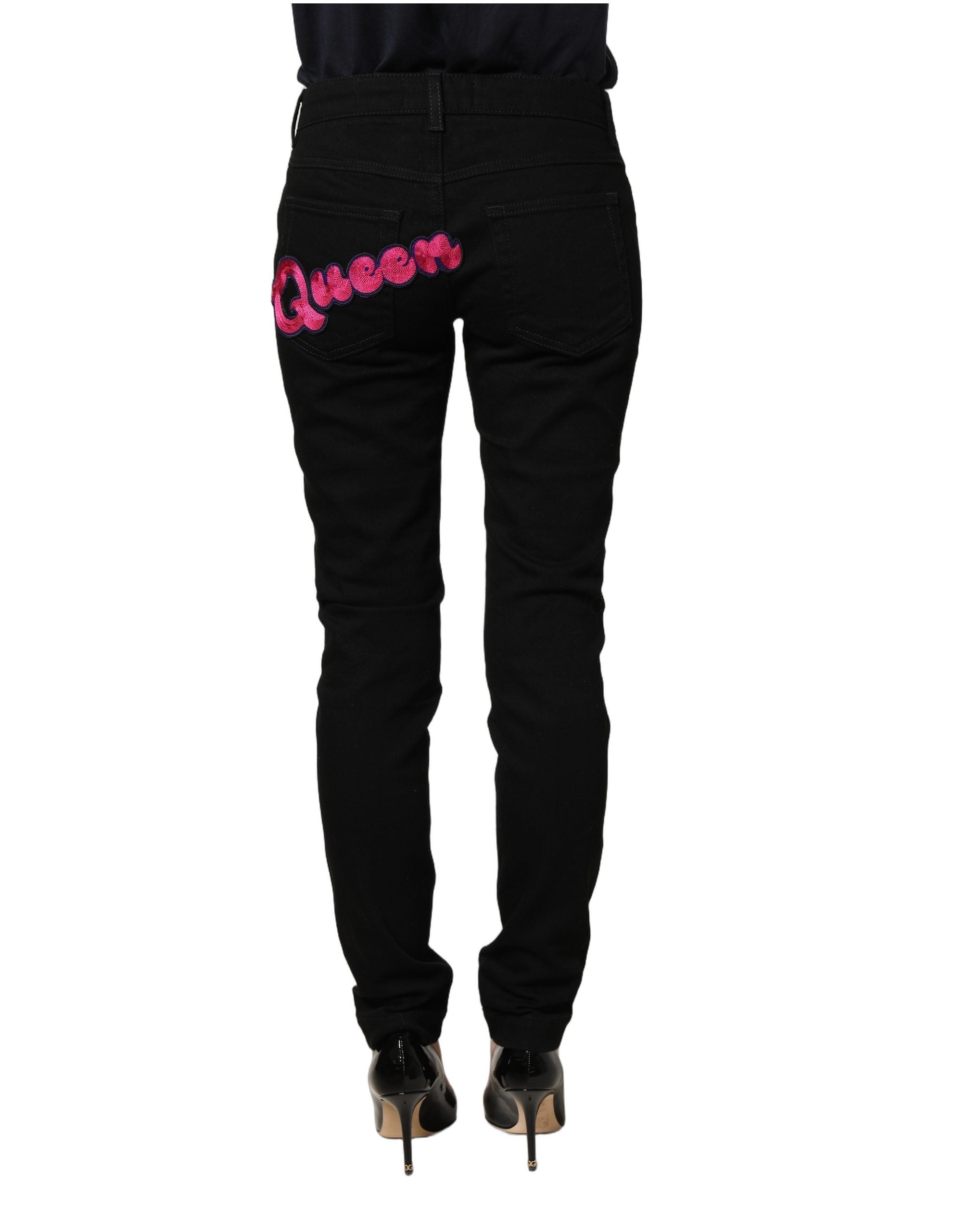 Dolce & Gabbana Black Queen Embroidery PRETTY Denim Jeans Dolce & Gabbana