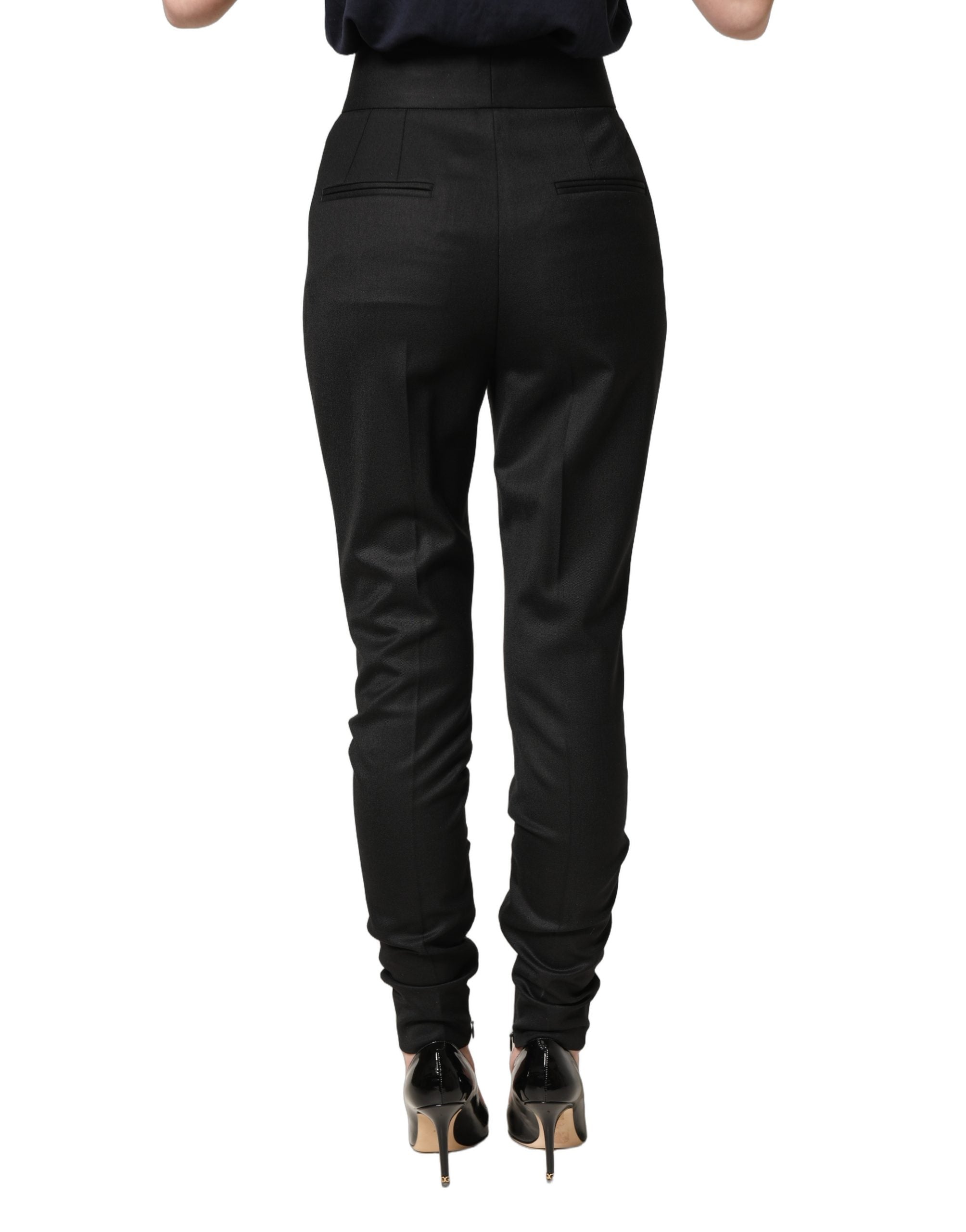 Dolce & Gabbana Black Wool High Waisted Logo Trouser Pants Dolce & Gabbana