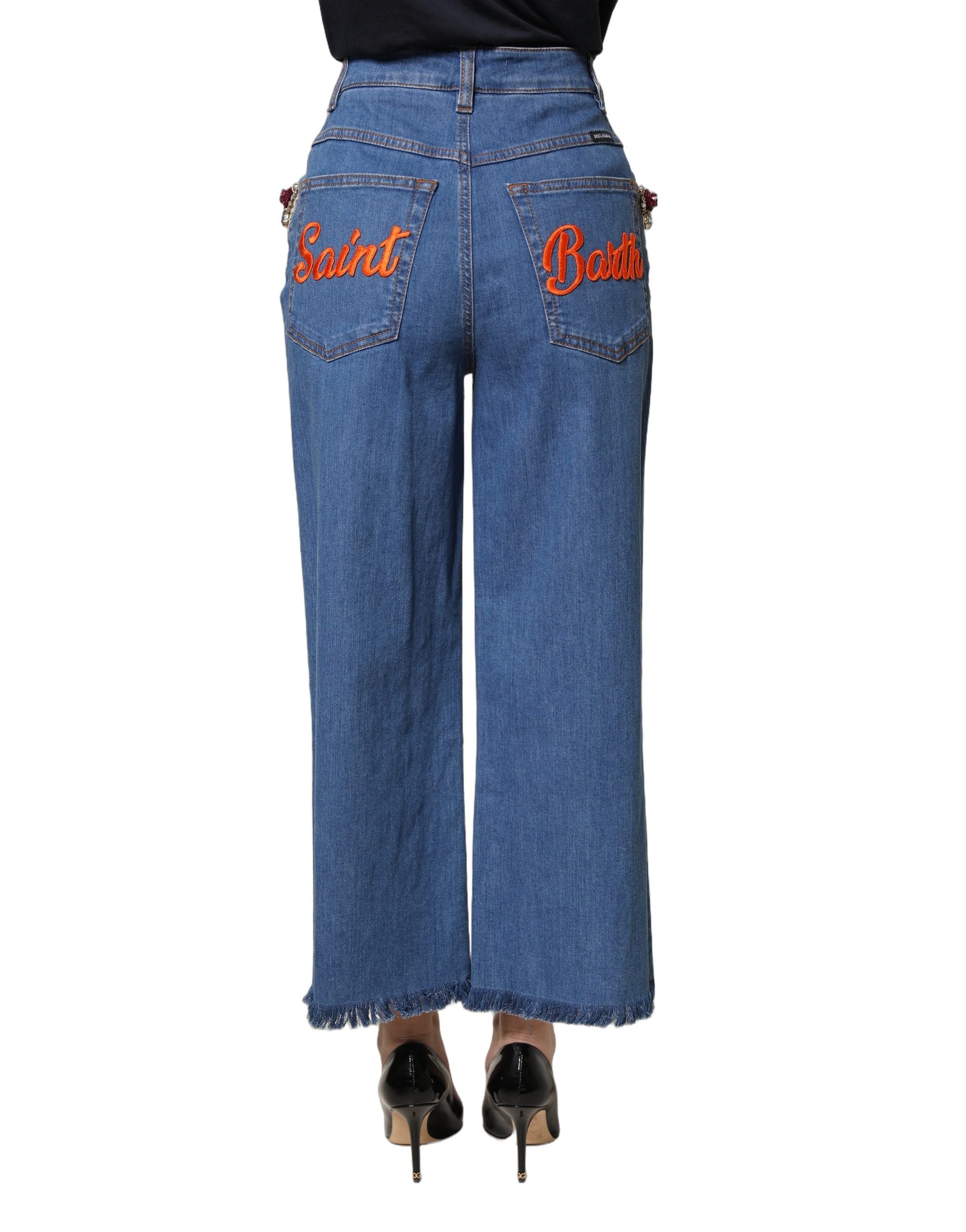 Dolce & Gabbana Blue Embellished Wide Cropped Denim Jeans Dolce & Gabbana