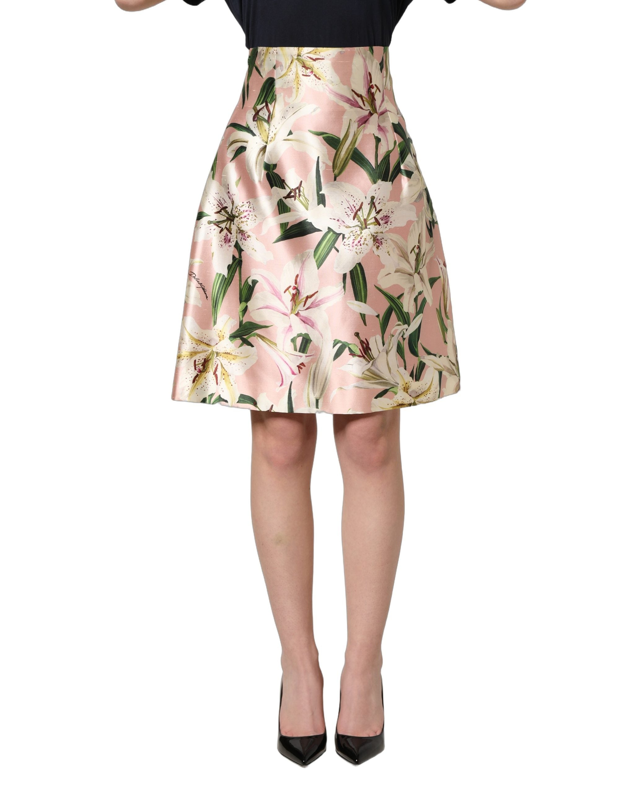 Dolce & Gabbana Pink Lilium High Waist Knee Length Skirt Dolce & Gabbana