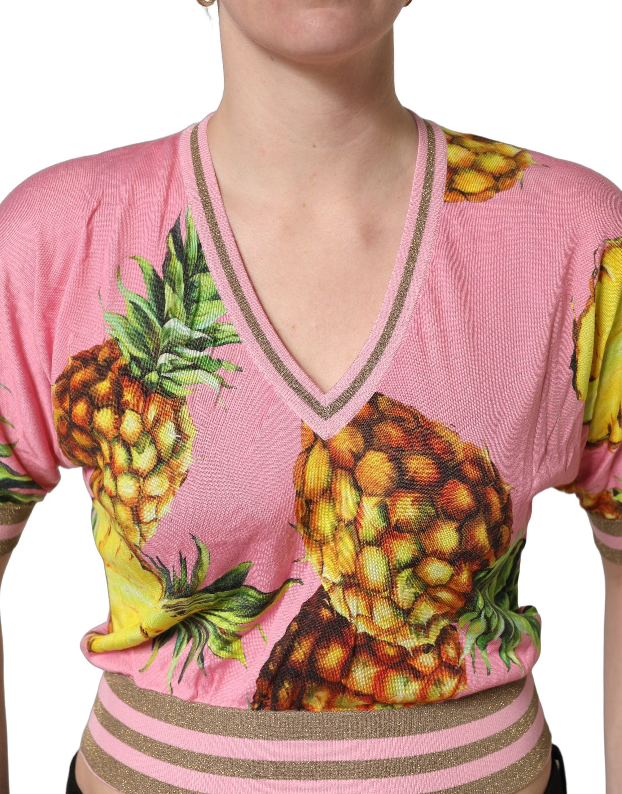 Dolce & Gabbana Pink Pineapple Vneck Short Sleeve Cropped Top Dolce & Gabbana