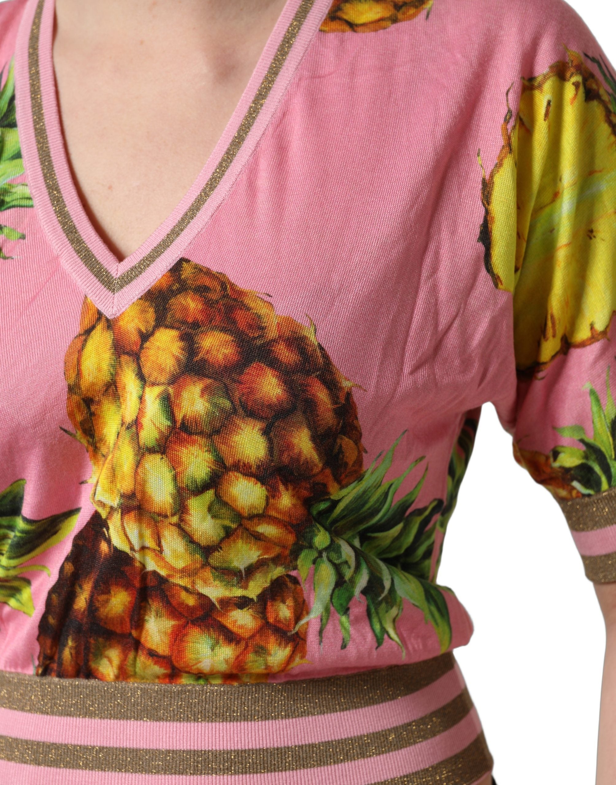 Dolce & Gabbana Pink Pineapple Vneck Short Sleeve Cropped Top Dolce & Gabbana