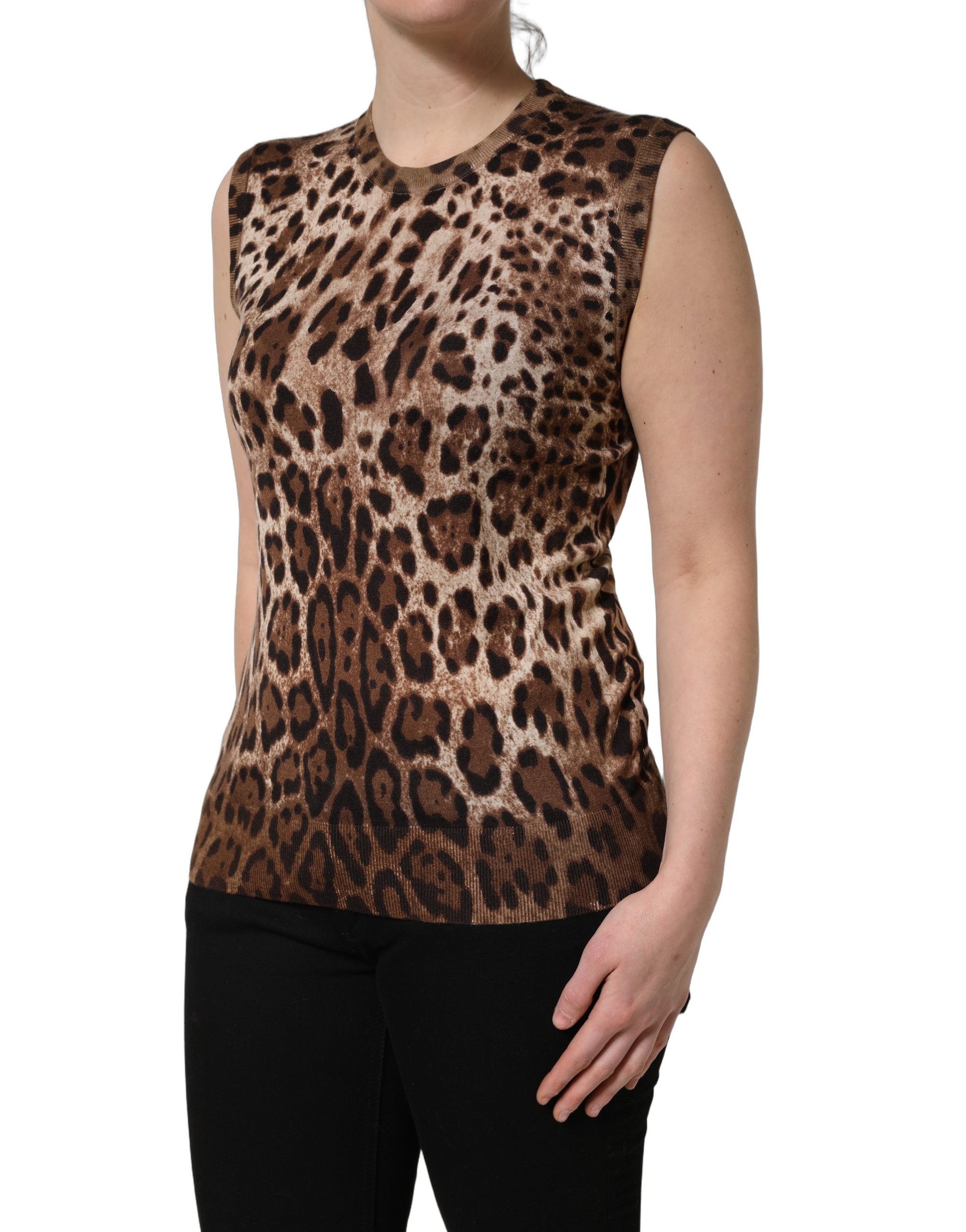 Dolce & Gabbana Brown Leopard Crew Neck Sleeveless Tank Top Dolce & Gabbana