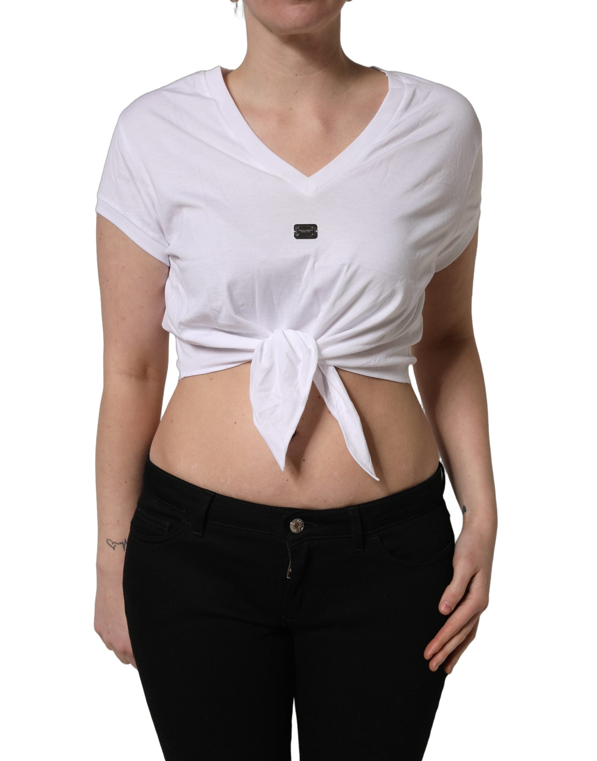Dolce & Gabbana White Logo Embroidered TieWaist Cropped Top Dolce & Gabbana