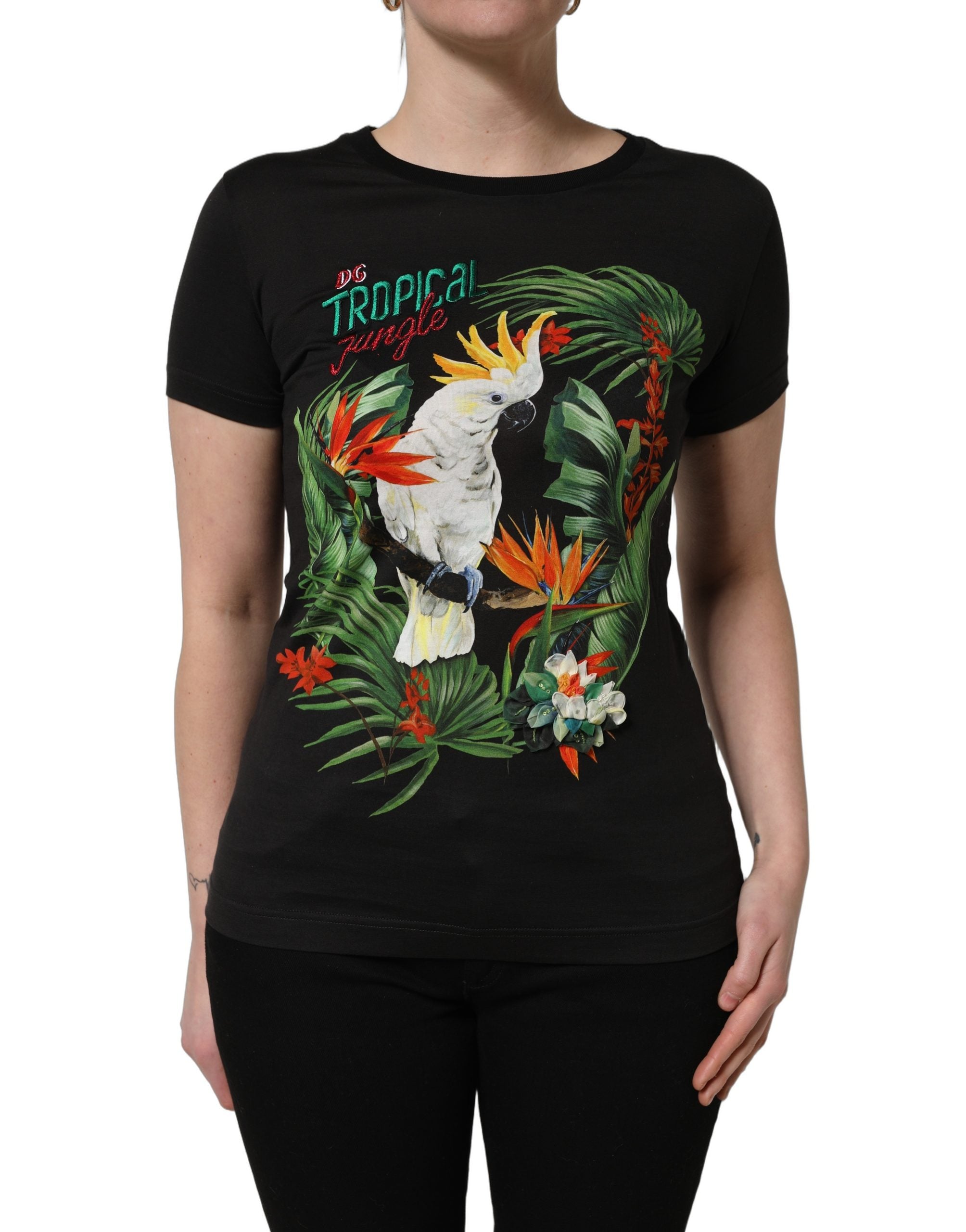Dolce & Gabbana Black Tropical Print Cotton Round Neck T-Shirt Dolce & Gabbana