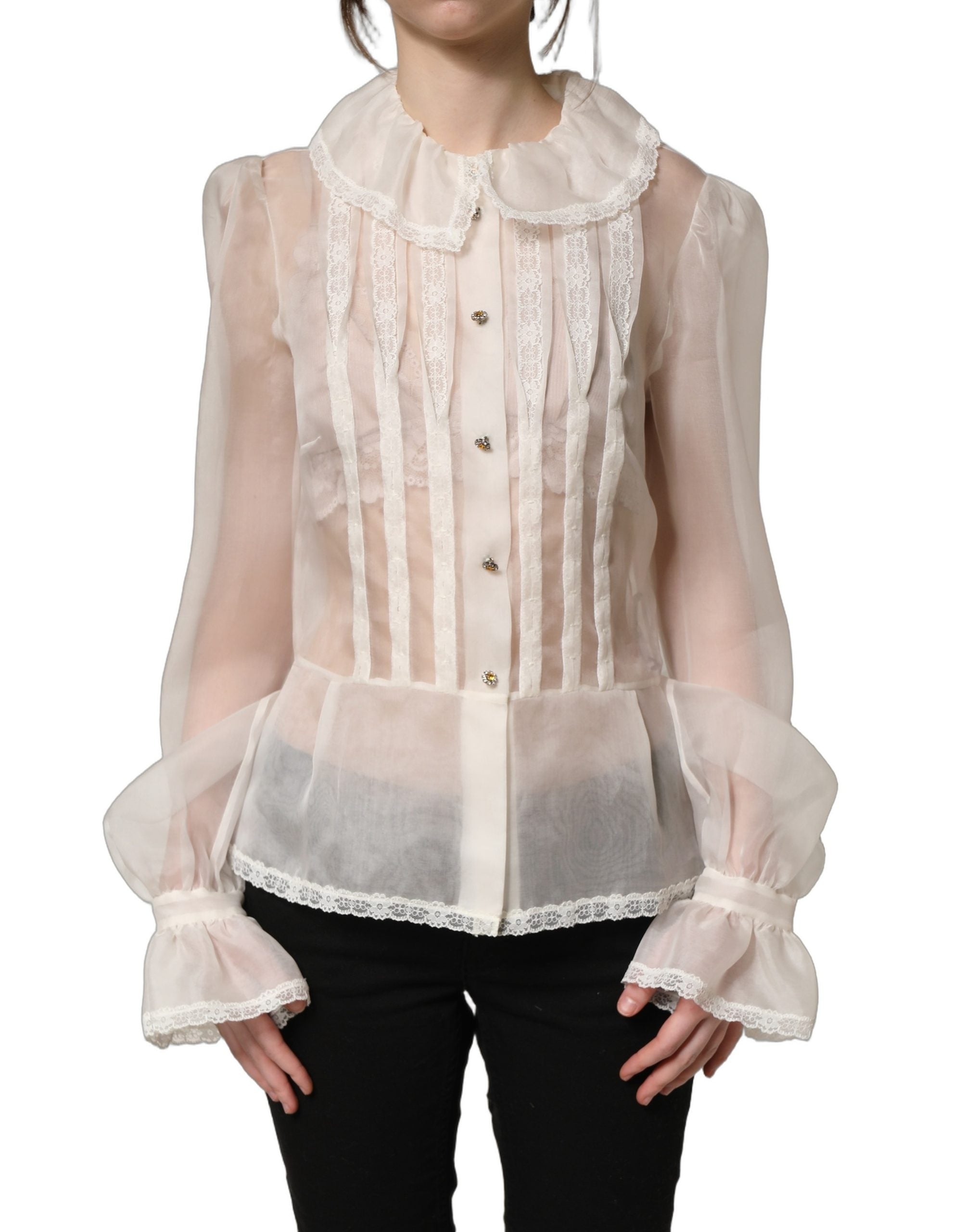Dolce & Gabbana White Ruffled Sheer Silk Buttoned Blouse Top Dolce & Gabbana