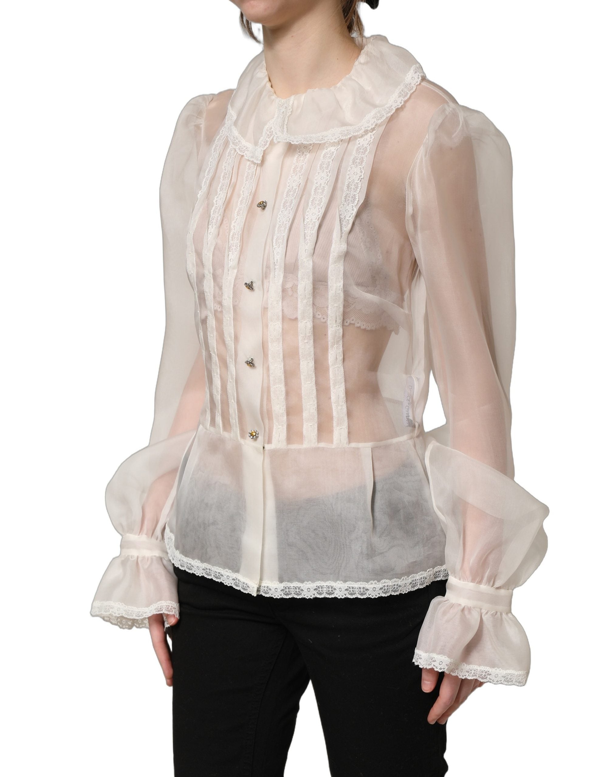 Dolce & Gabbana White Ruffled Sheer Silk Buttoned Blouse Top Dolce & Gabbana