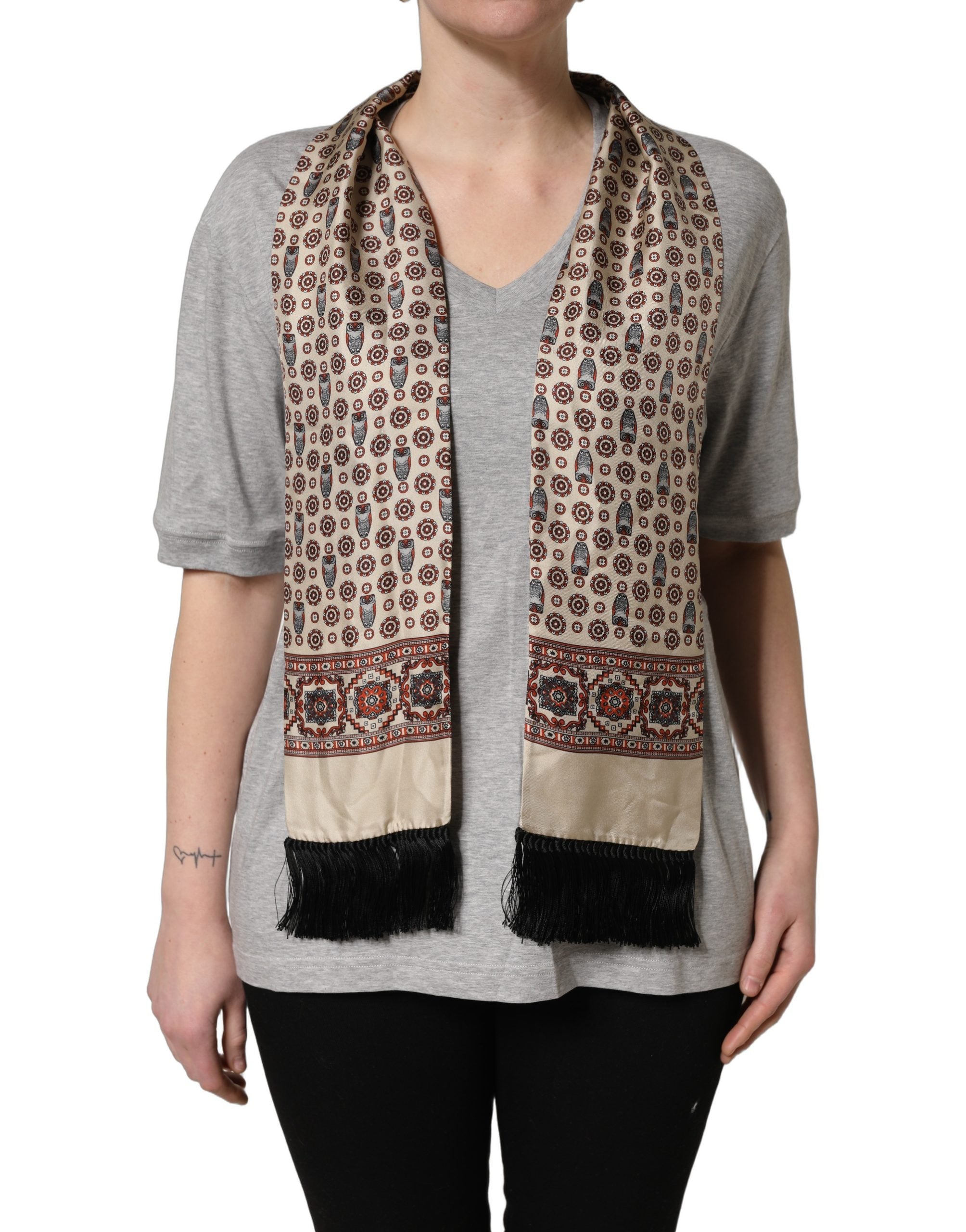 Dolce & Gabbana Gray Cotton V-neck Owl Silk Scarf Top T-shirt Dolce & Gabbana