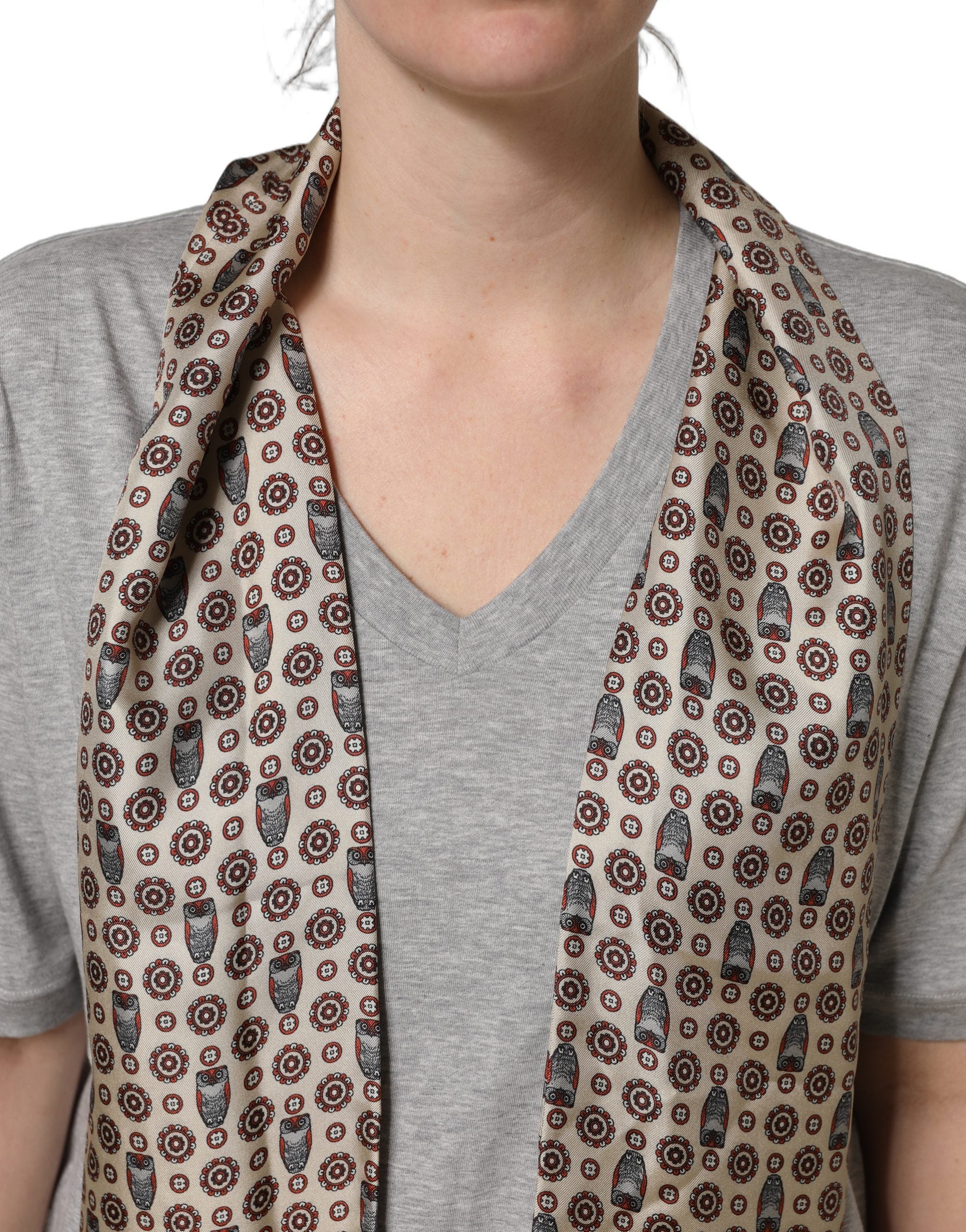 Dolce & Gabbana Gray Cotton V-neck Owl Silk Scarf Top T-shirt Dolce & Gabbana
