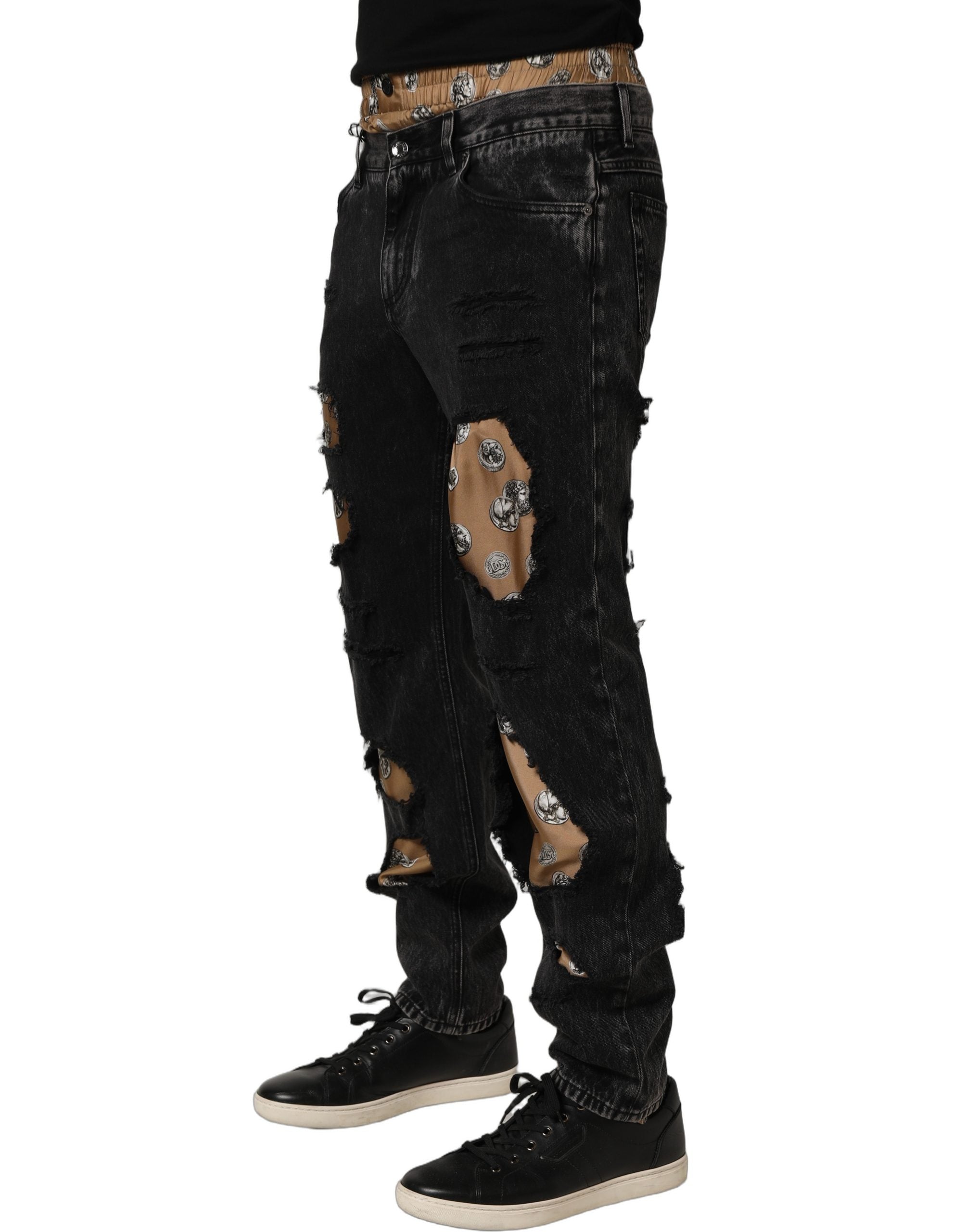 Dolce & Gabbana Black Distressed Cotton Straight Denim Jeans Dolce & Gabbana
