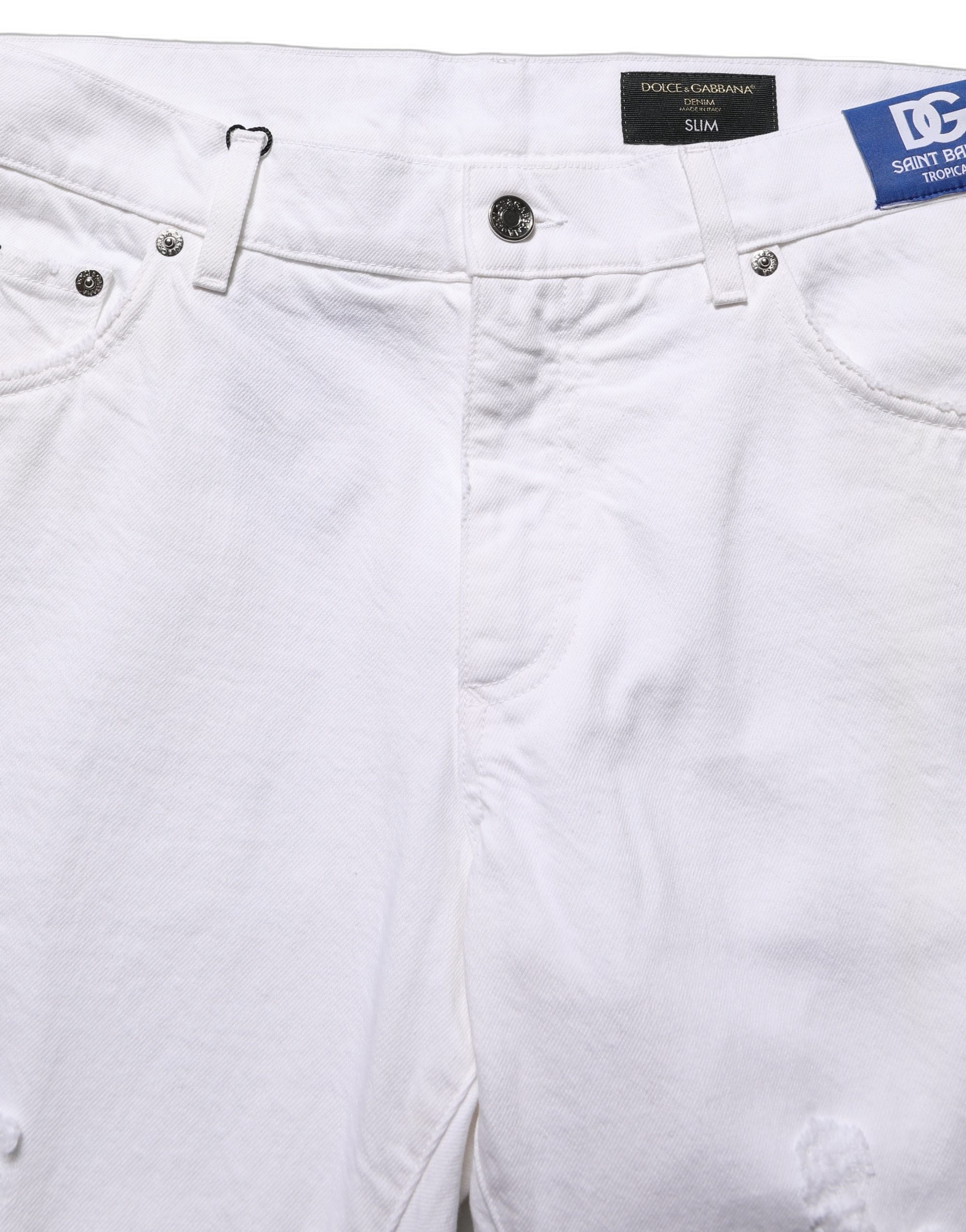 Dolce & Gabbana White Cotton Ripped Slim Fit Men Denim Jeans Dolce & Gabbana