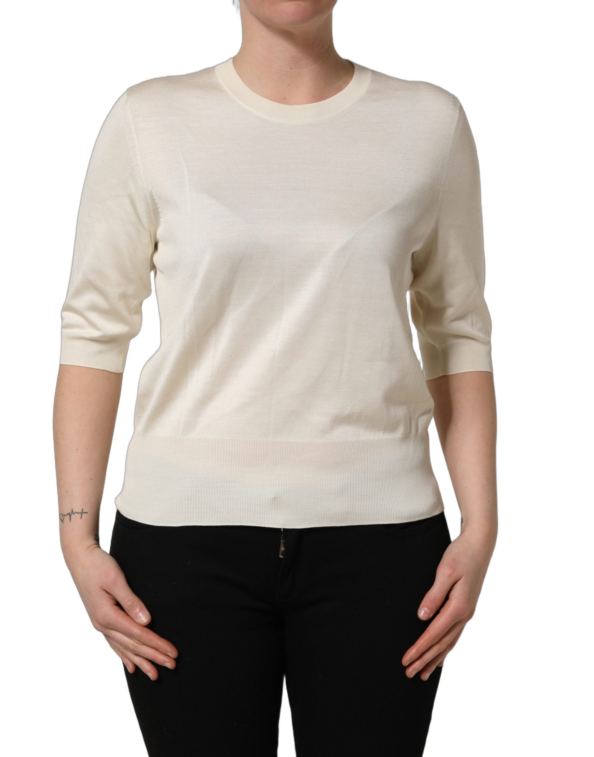 Dolce & Gabbana Off White 3/4 Sleeves Crewneck Pullover Sweater Dolce & Gabbana