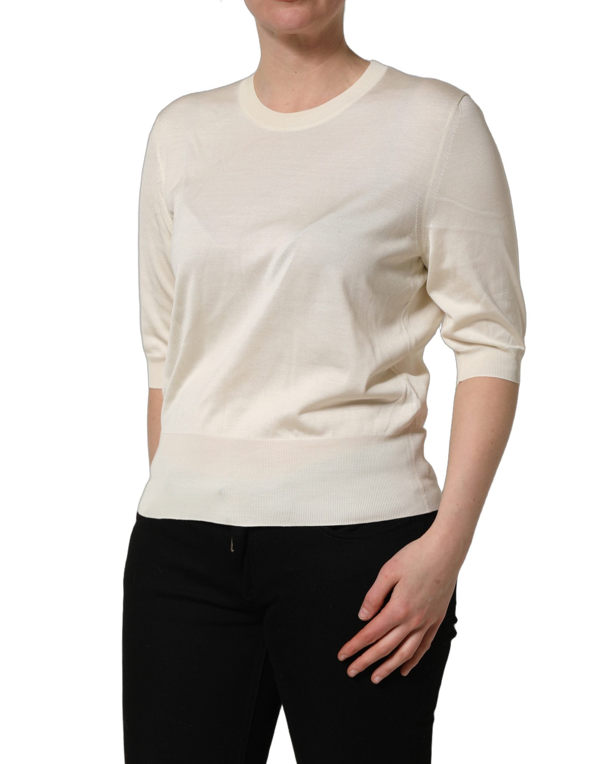 Dolce & Gabbana Off White 3/4 Sleeves Crewneck Pullover Sweater Dolce & Gabbana
