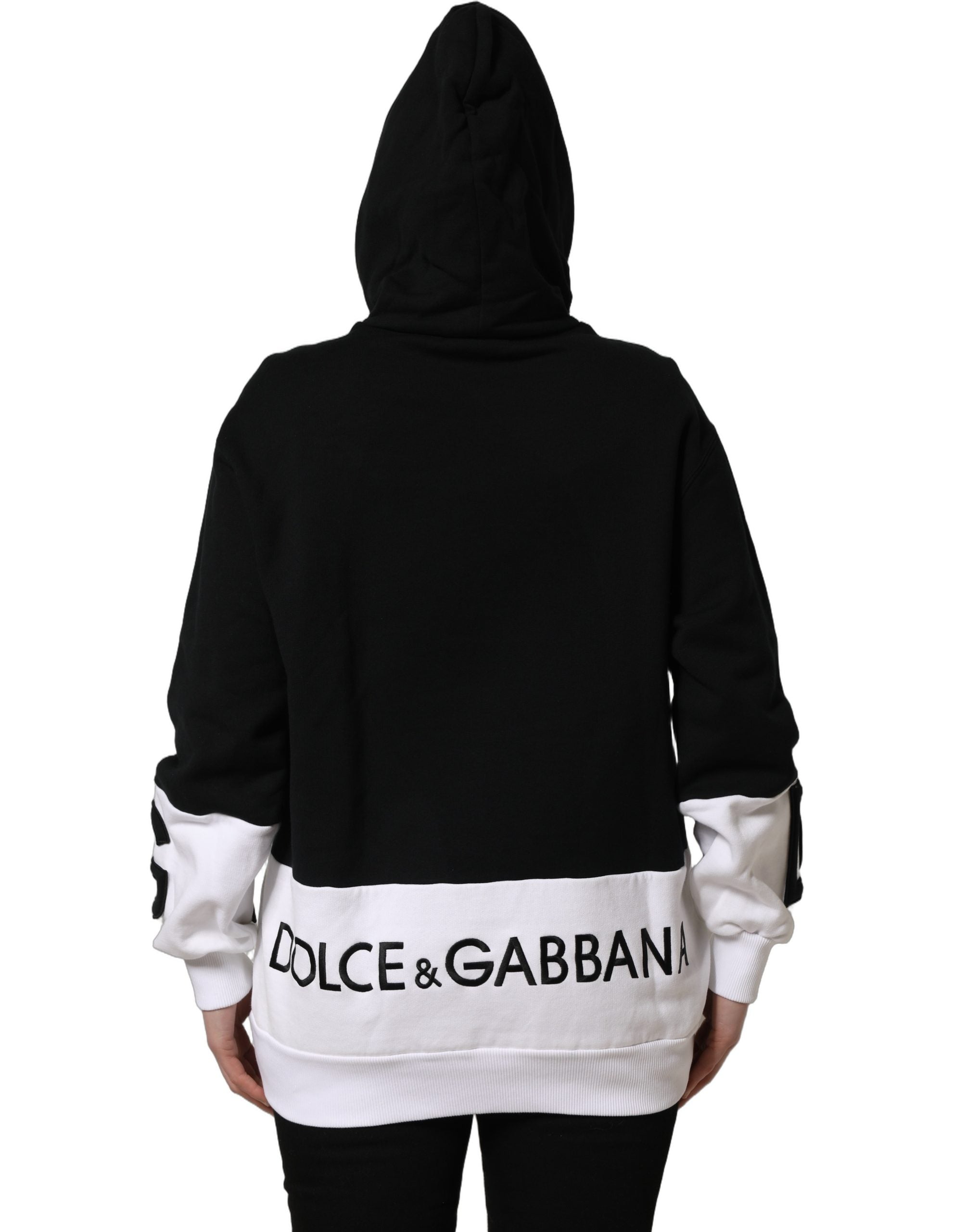 Dolce & Gabbana BlackWhite Appliqué Hooded Sweatshirt Sweater Dolce & Gabbana