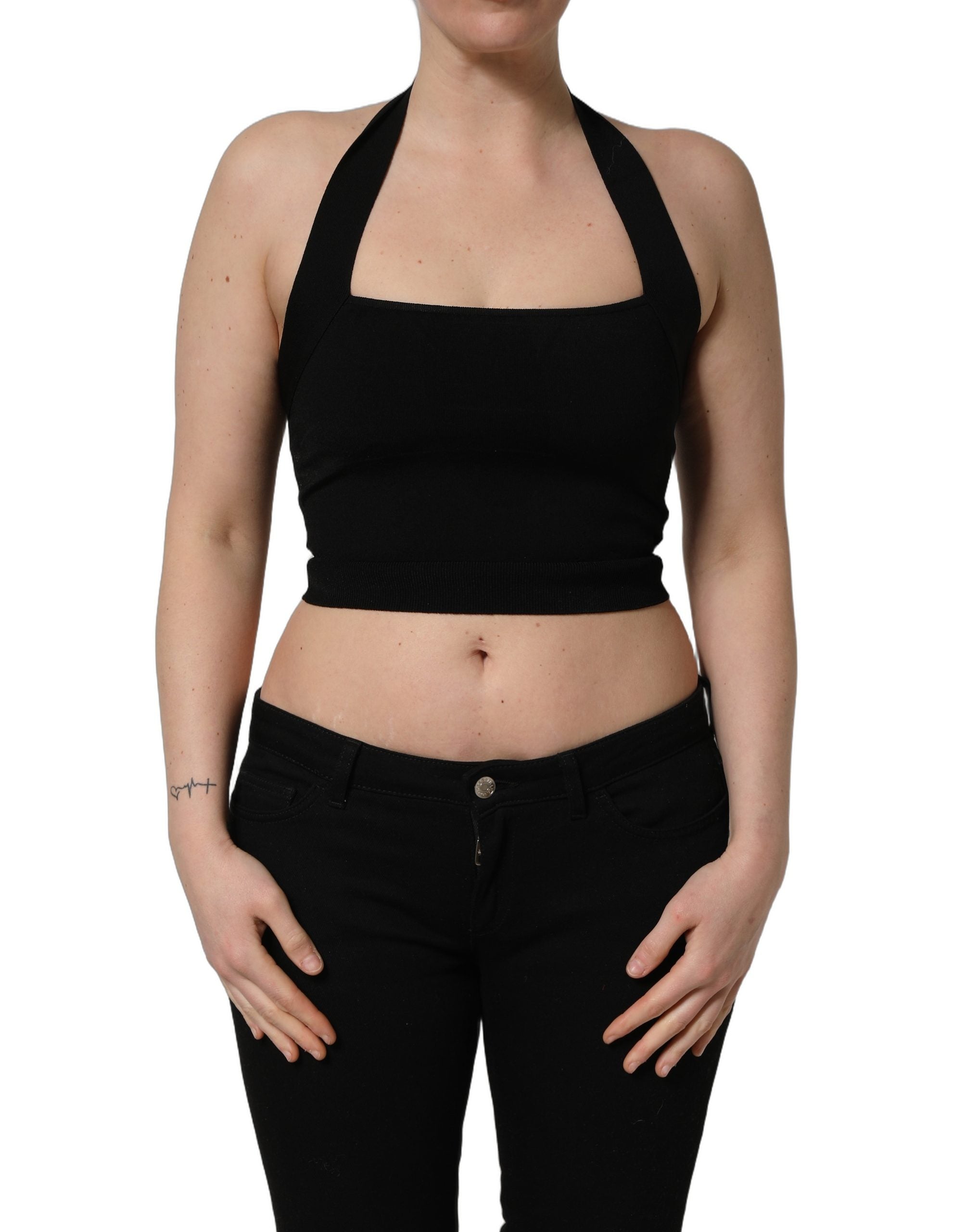 Dolce & Gabbana Black Square Neck Halter Cropped Tank Top Dolce & Gabbana