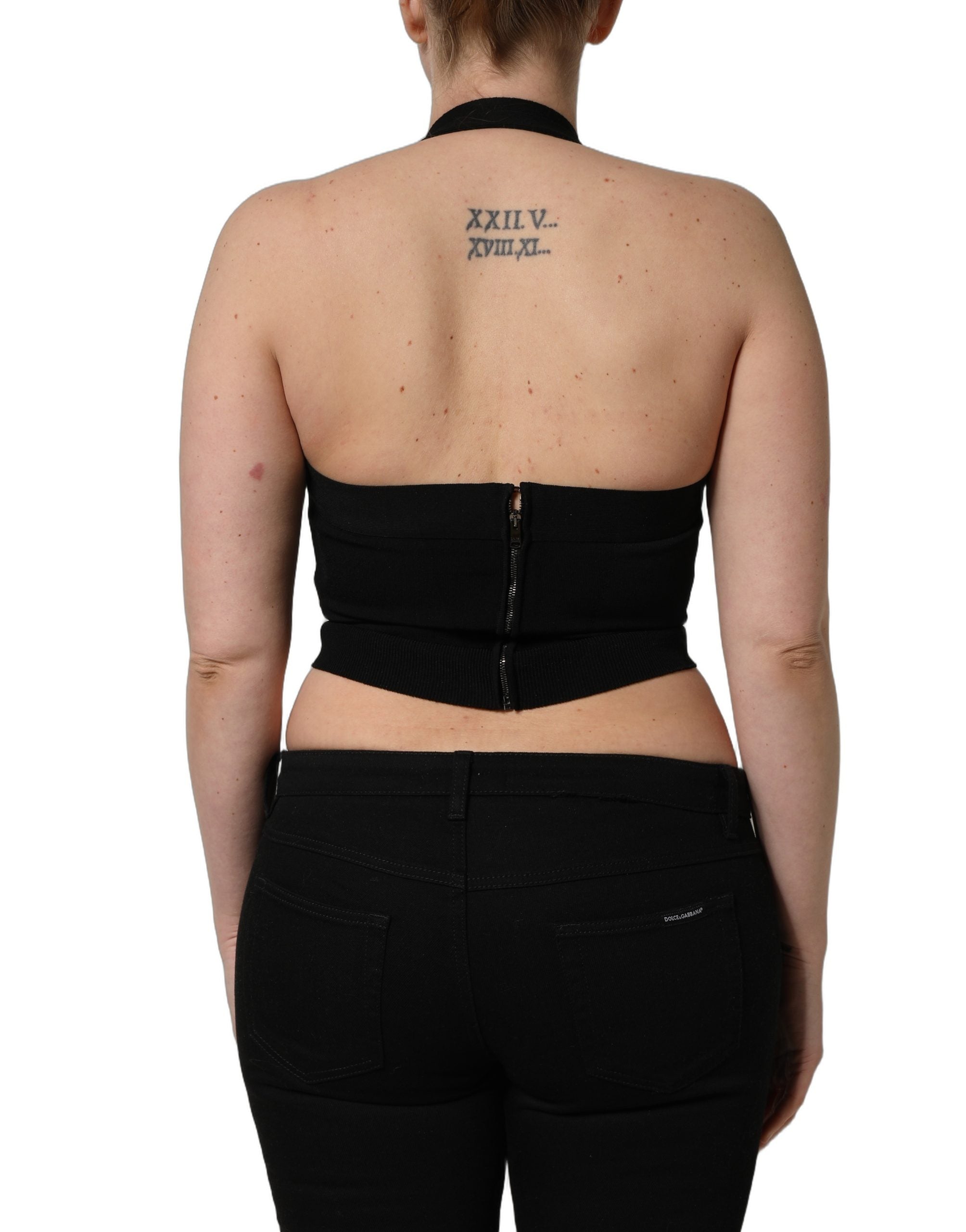 Dolce & Gabbana Black Square Neck Halter Cropped Tank Top Dolce & Gabbana