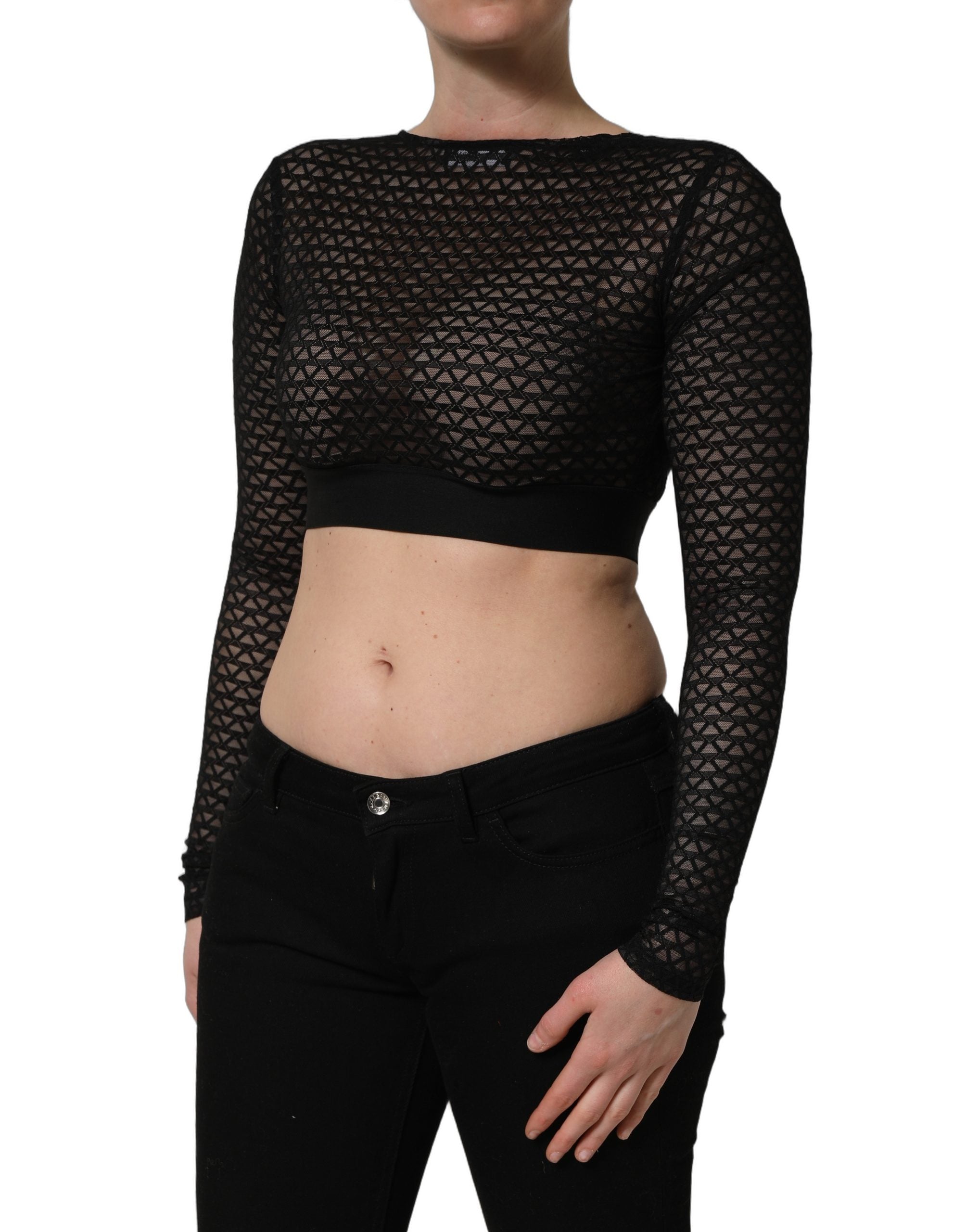Dolce & Gabbana Black Nylon Fishnet Long Sleeve Cropped Top Dolce & Gabbana