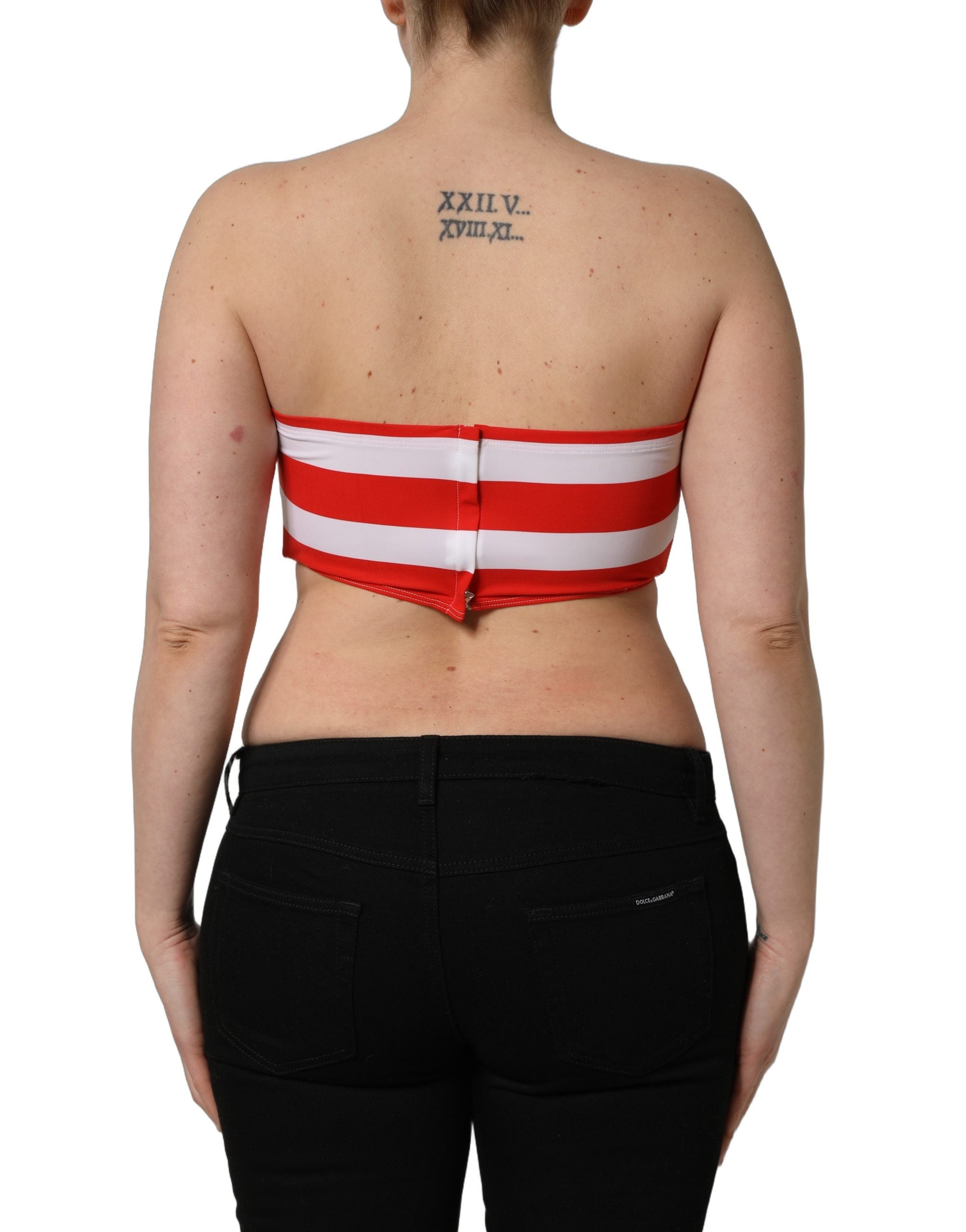 Dolce & Gabbana White Red Nylon Striped Ribbed Tube Crop Top Dolce & Gabbana