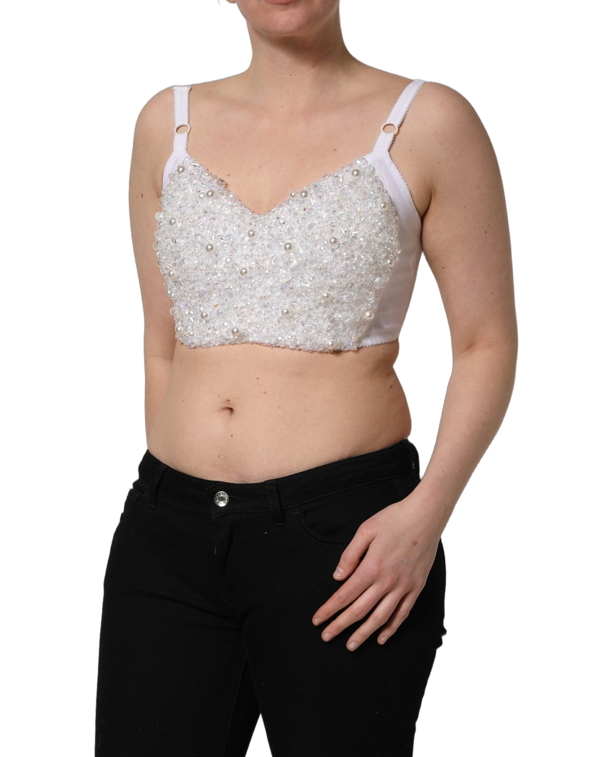 Dolce & Gabbana White Pearls Beaded Corset Bustier Crop Top Dolce & Gabbana