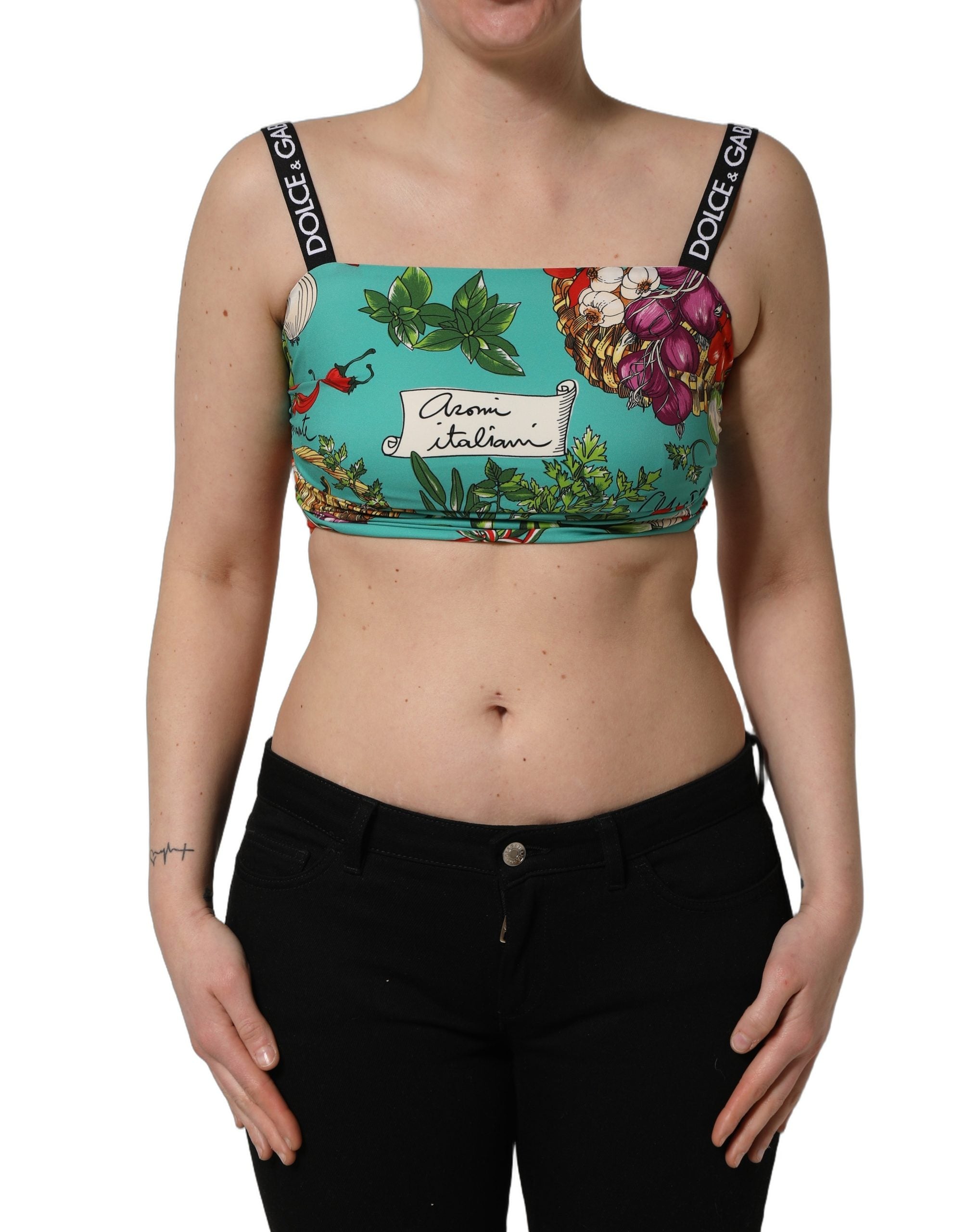 Dolce & Gabbana Turquoise Vegetable Print Silk Crop Tank Top Dolce & Gabbana