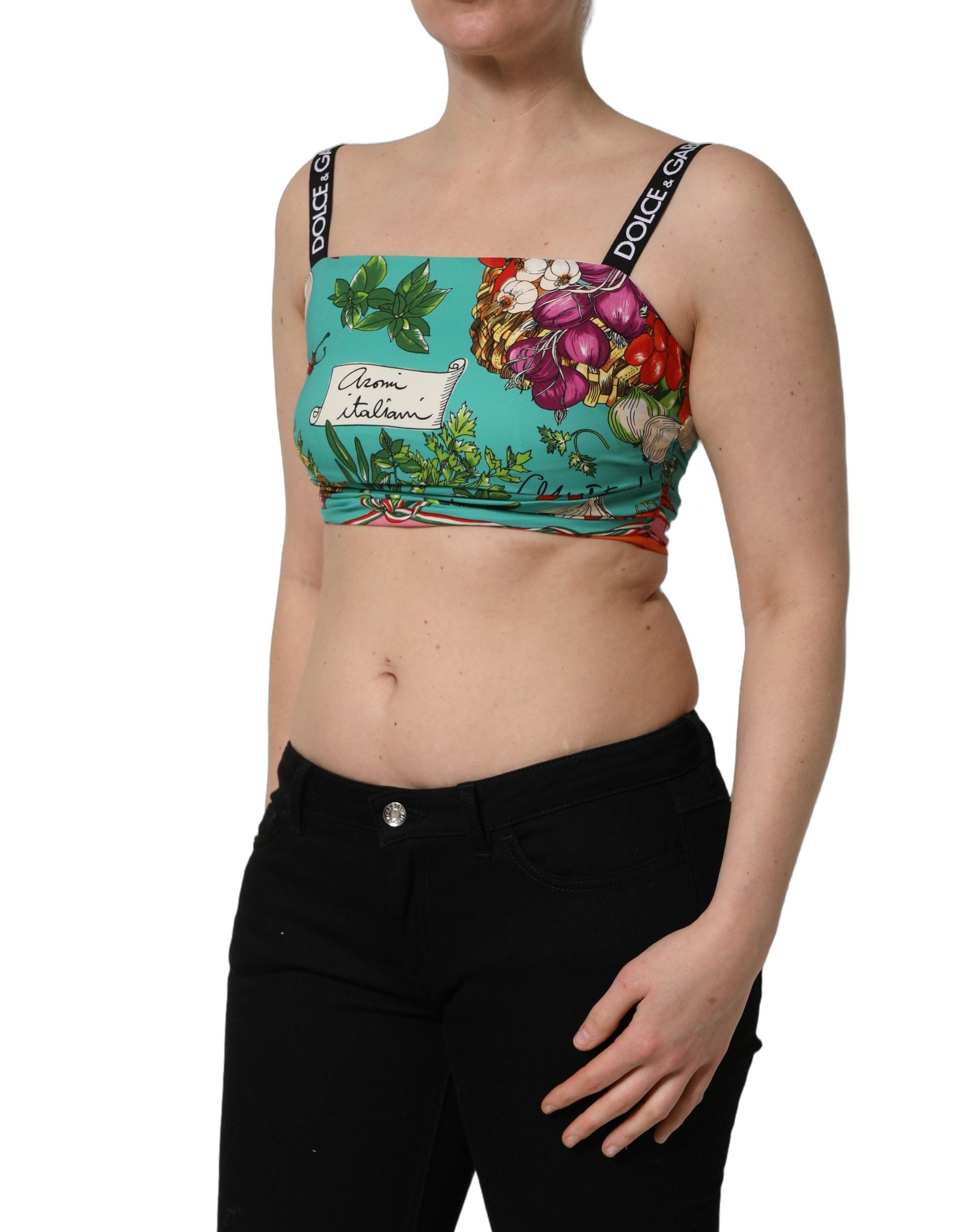 Dolce & Gabbana Turquoise Vegetable Print Silk Crop Tank Top Dolce & Gabbana