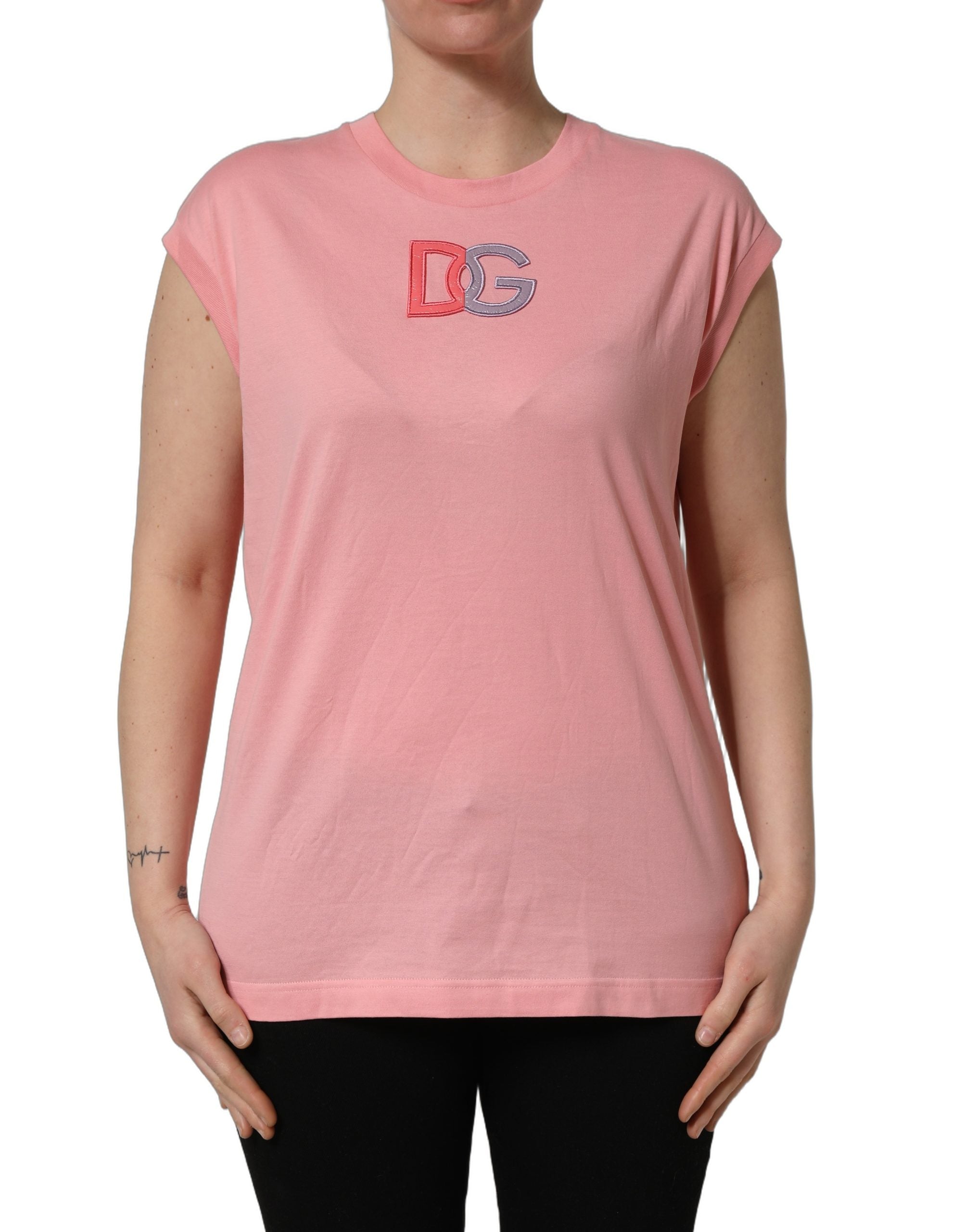 Dolce & Gabbana Pink Cotton DG Logo Round Neck Tank T-shirt Dolce & Gabbana