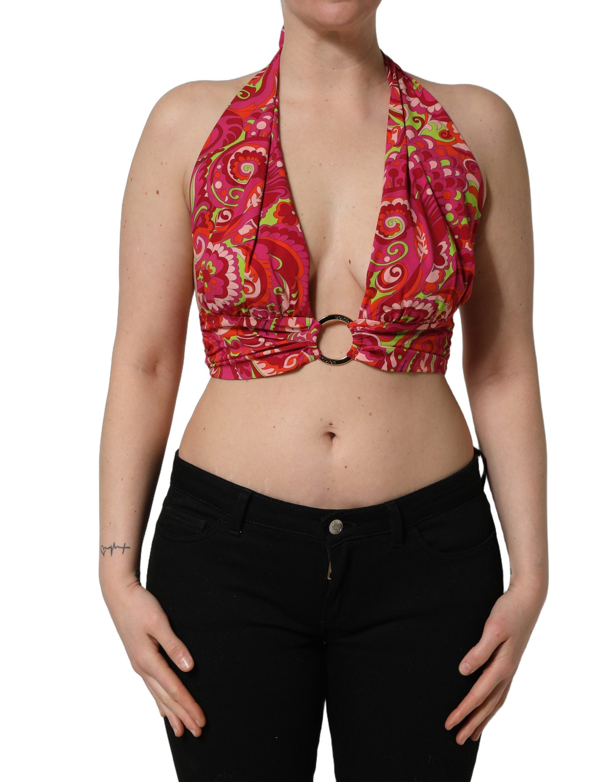 Dolce & Gabbana Red Paisley Silk Halter Neck Crop Tank Top Dolce & Gabbana
