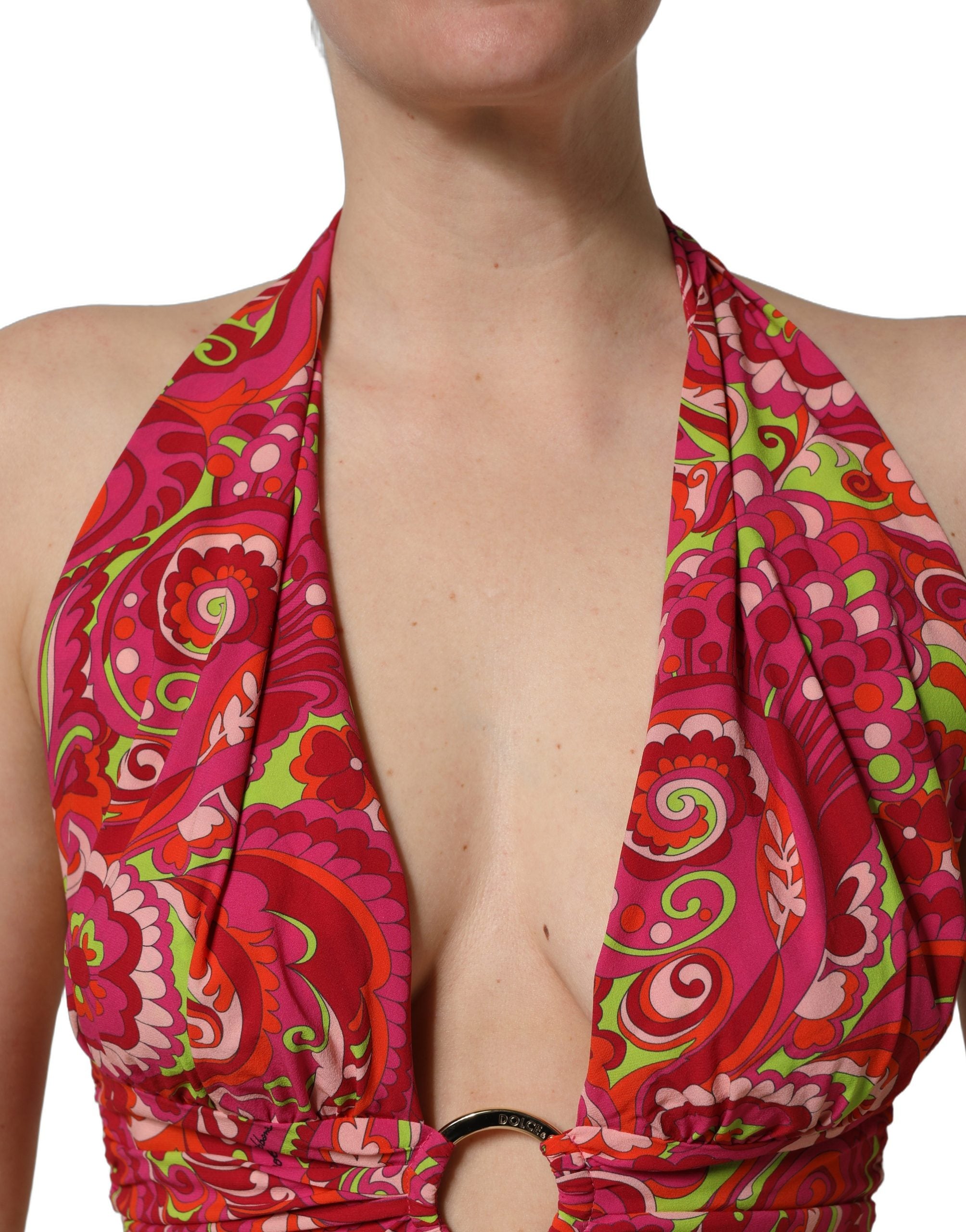 Dolce & Gabbana Red Paisley Silk Halter Neck Crop Tank Top Dolce & Gabbana