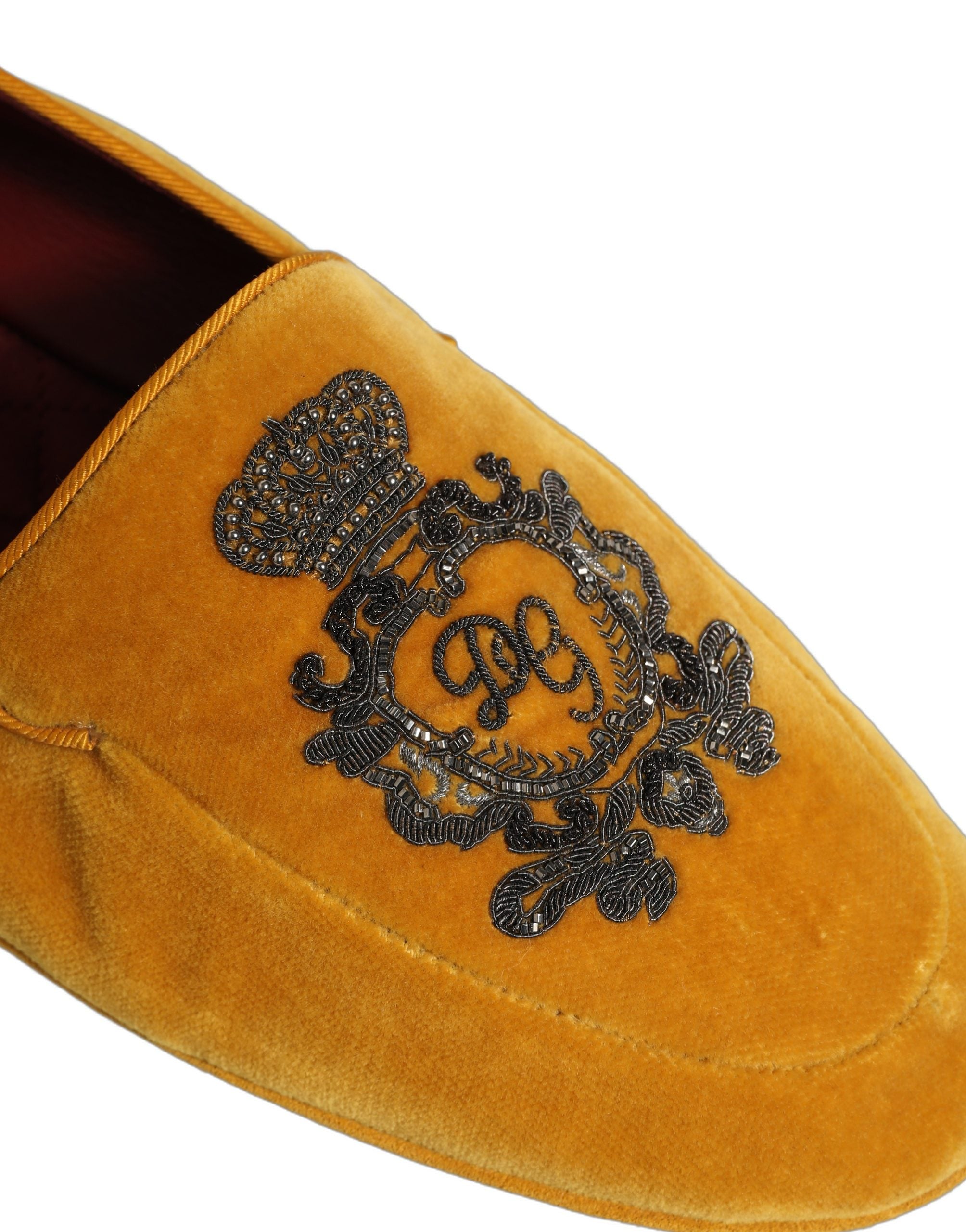 Dolce & Gabbana Yellow Velvet Crown Embroidery Loafers Shoes Dolce & Gabbana