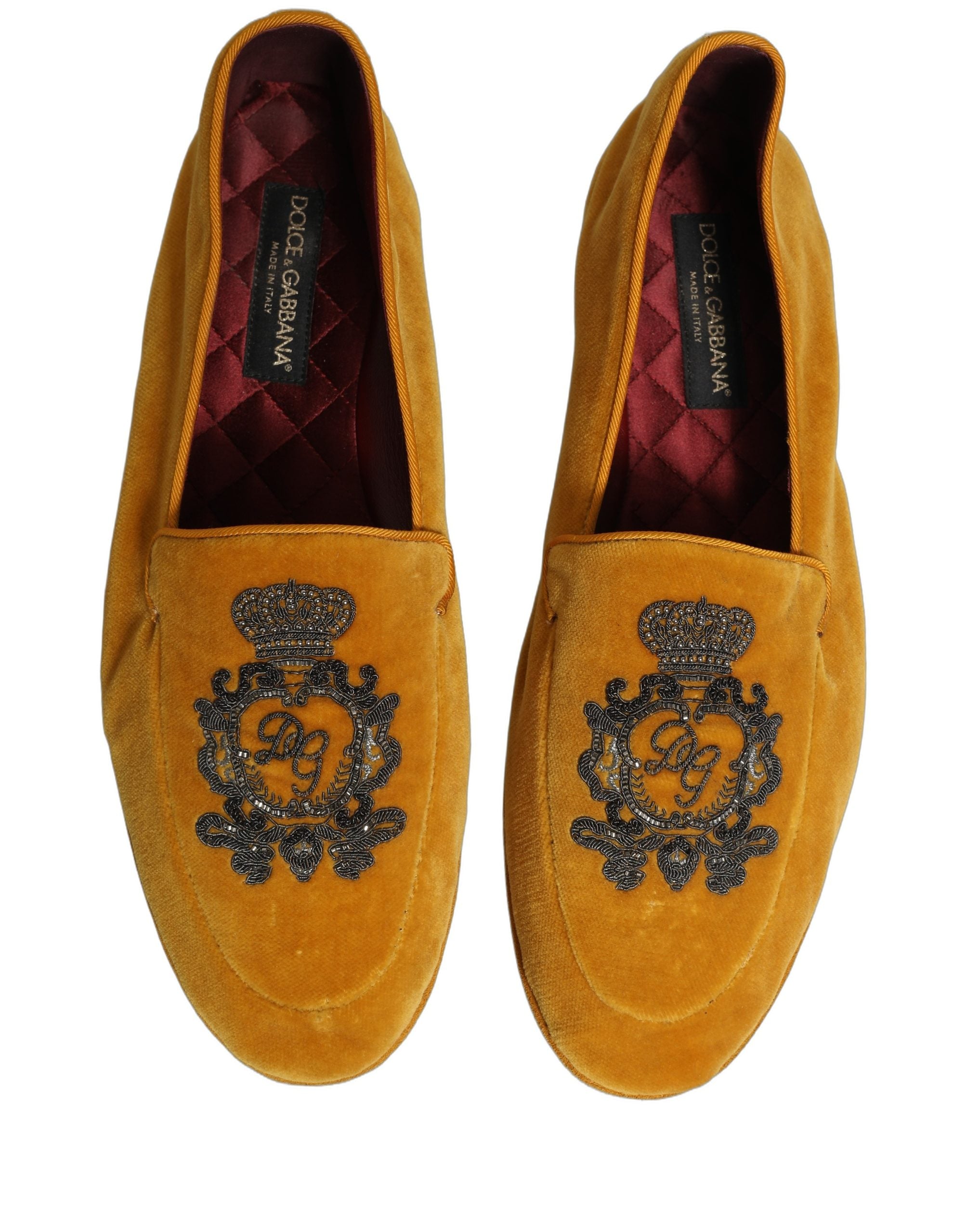 Dolce & Gabbana Yellow Velvet Crown Embroidery Loafers Shoes Dolce & Gabbana