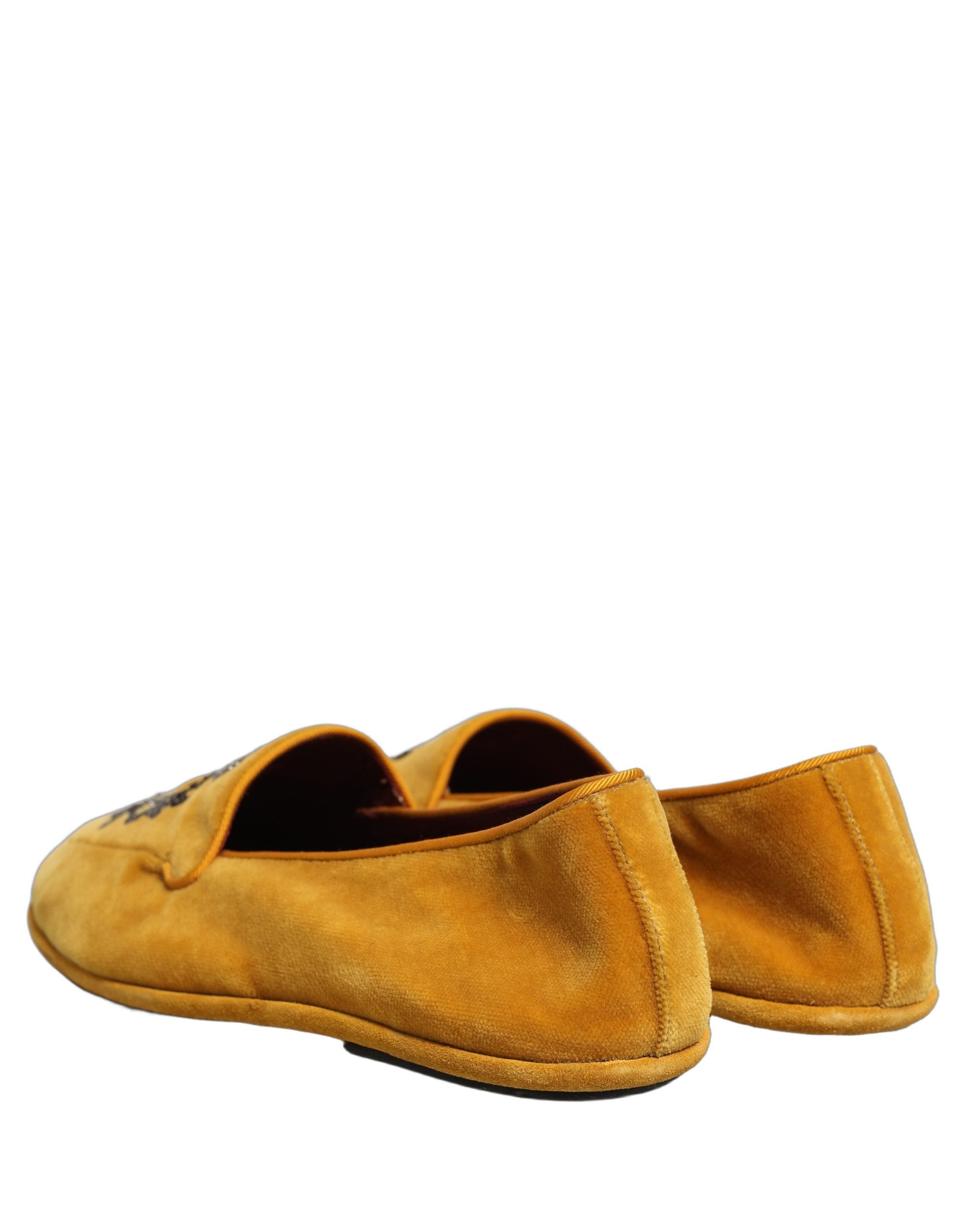 Dolce & Gabbana Yellow Velvet Crown Embroidery Loafers Shoes Dolce & Gabbana