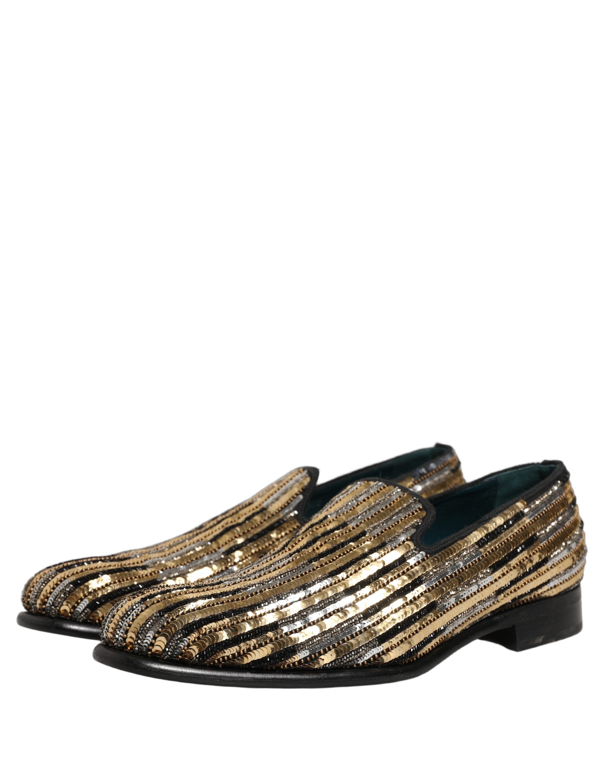 Dolce & Gabbana Gold Striped Sequin Embellished Loafer Shoes Dolce & Gabbana