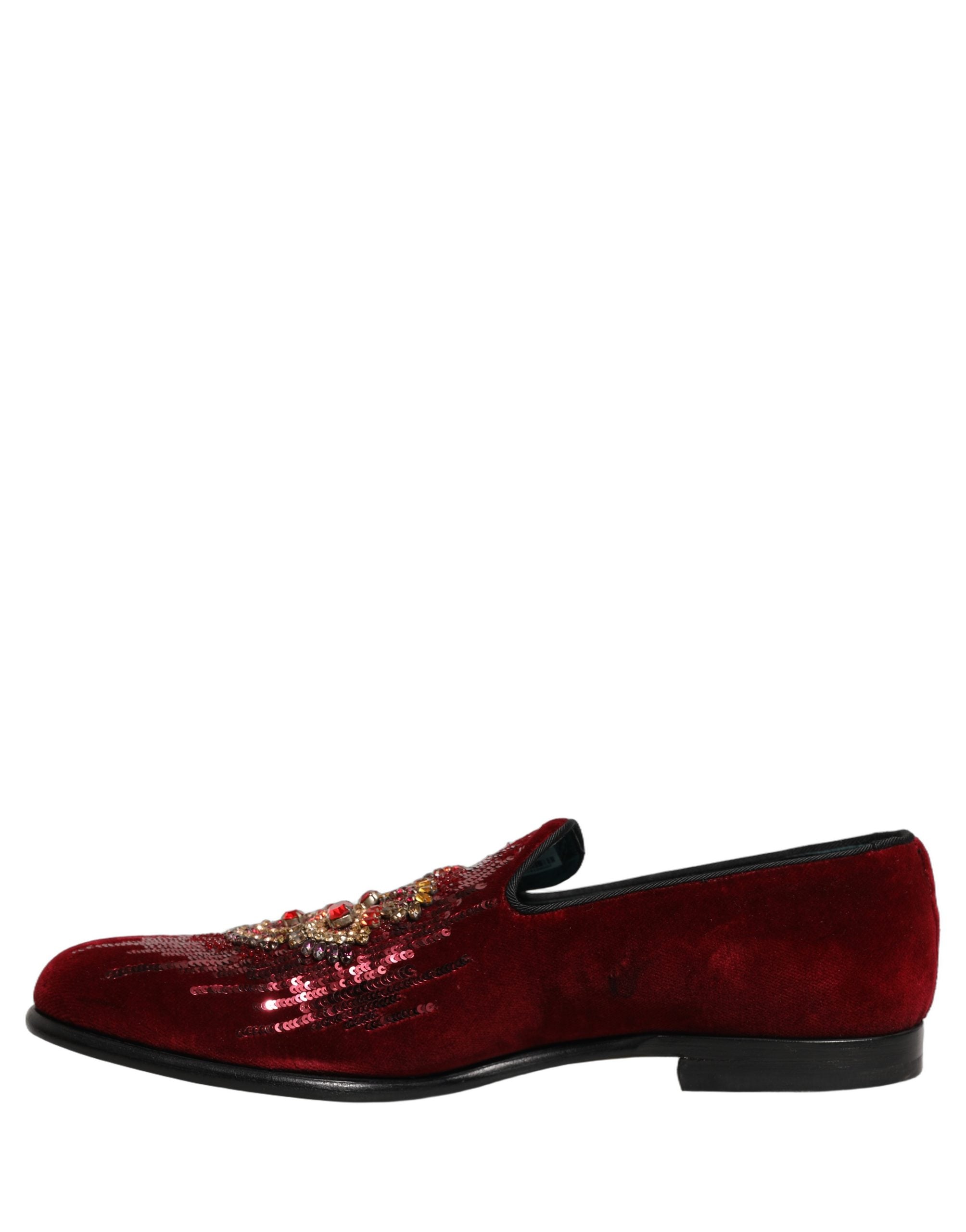 Dolce & Gabbana Maroon Sequin Gemstone Dress Loafers Shoes Dolce & Gabbana
